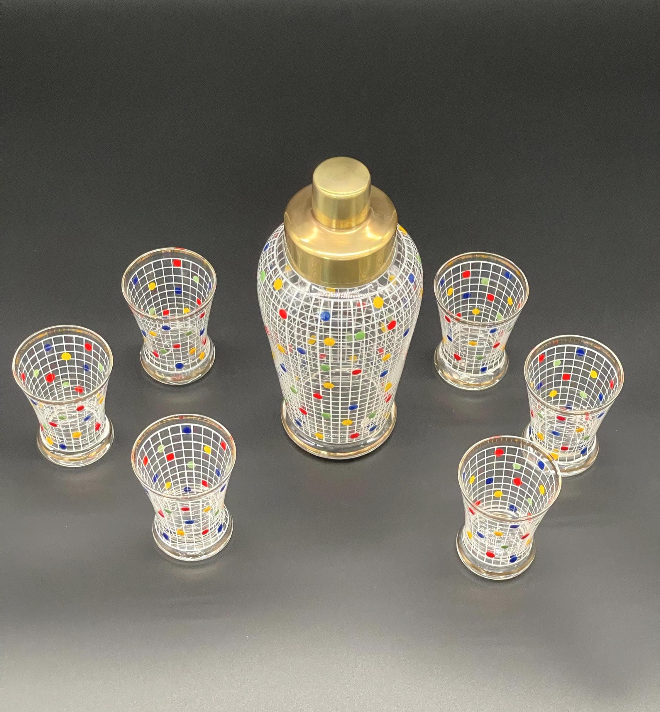 1960s Czech Cocktail Shaker Set, 24k Cased Gold, Hand-Painted Enamel MCM Barware - Thumbnail 3