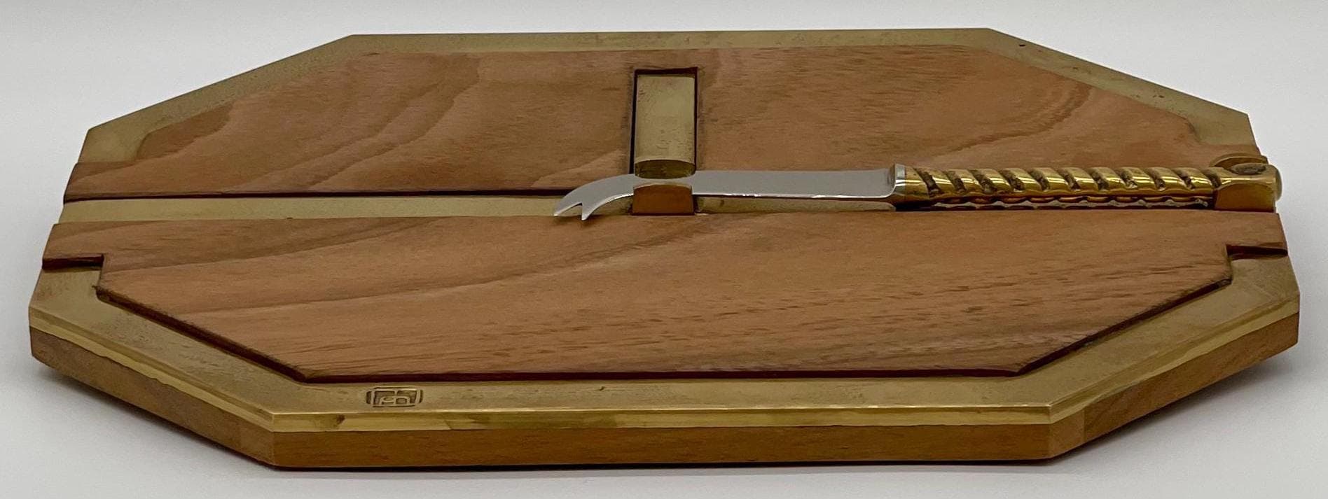 David Marshall Brutalist Cheese Tray with Knife, Beech Wood Brass, 1980s Spain - Thumbnail 7