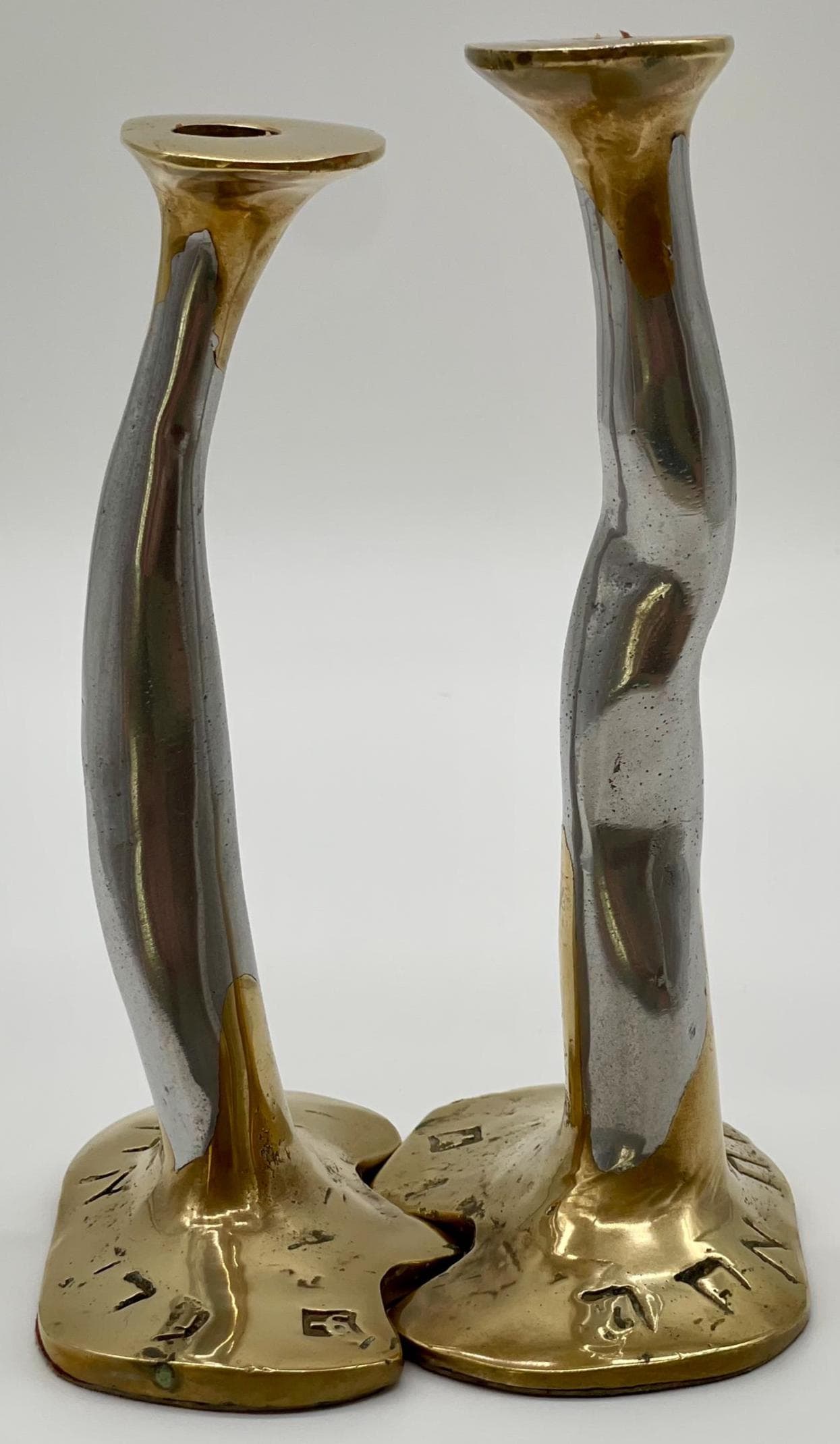 David Marshall Brutalist Candlesticks, Spanish Cast Solid Brass & Aluminum Pair - Thumbnail 6