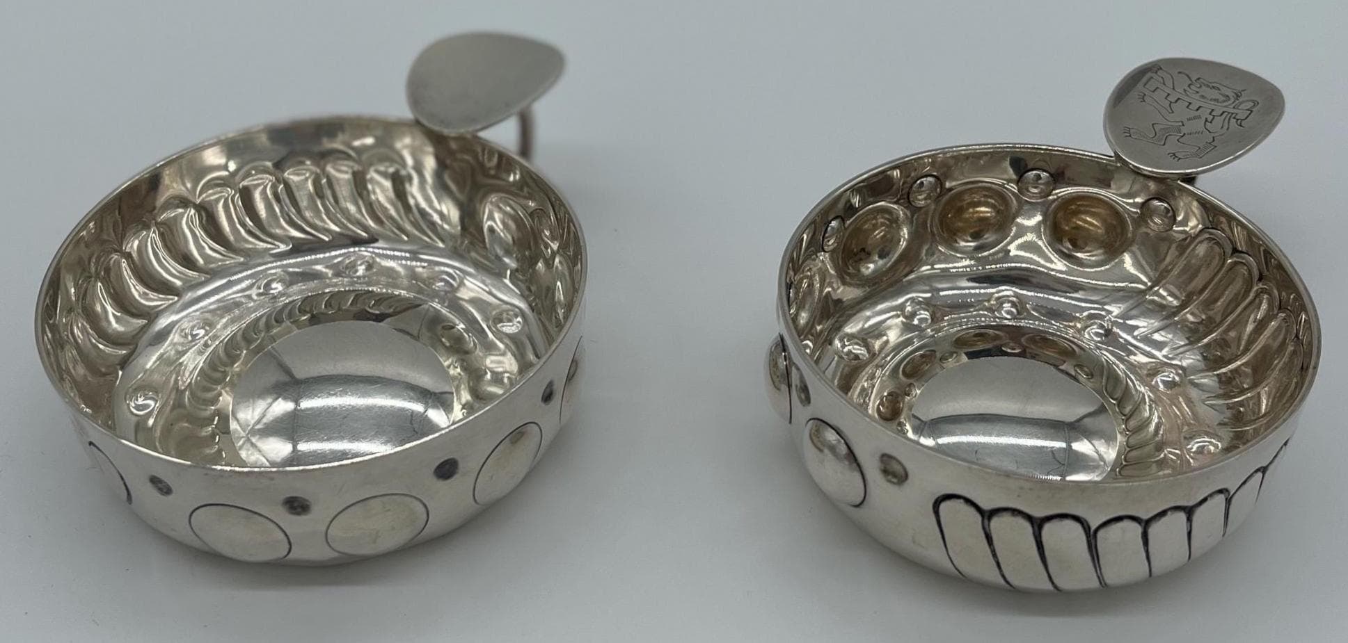 Vintage European Tastevin Set, Ornate Repoussé Silver, Heraldic Lion Sommelier Cups - Thumbnail 5