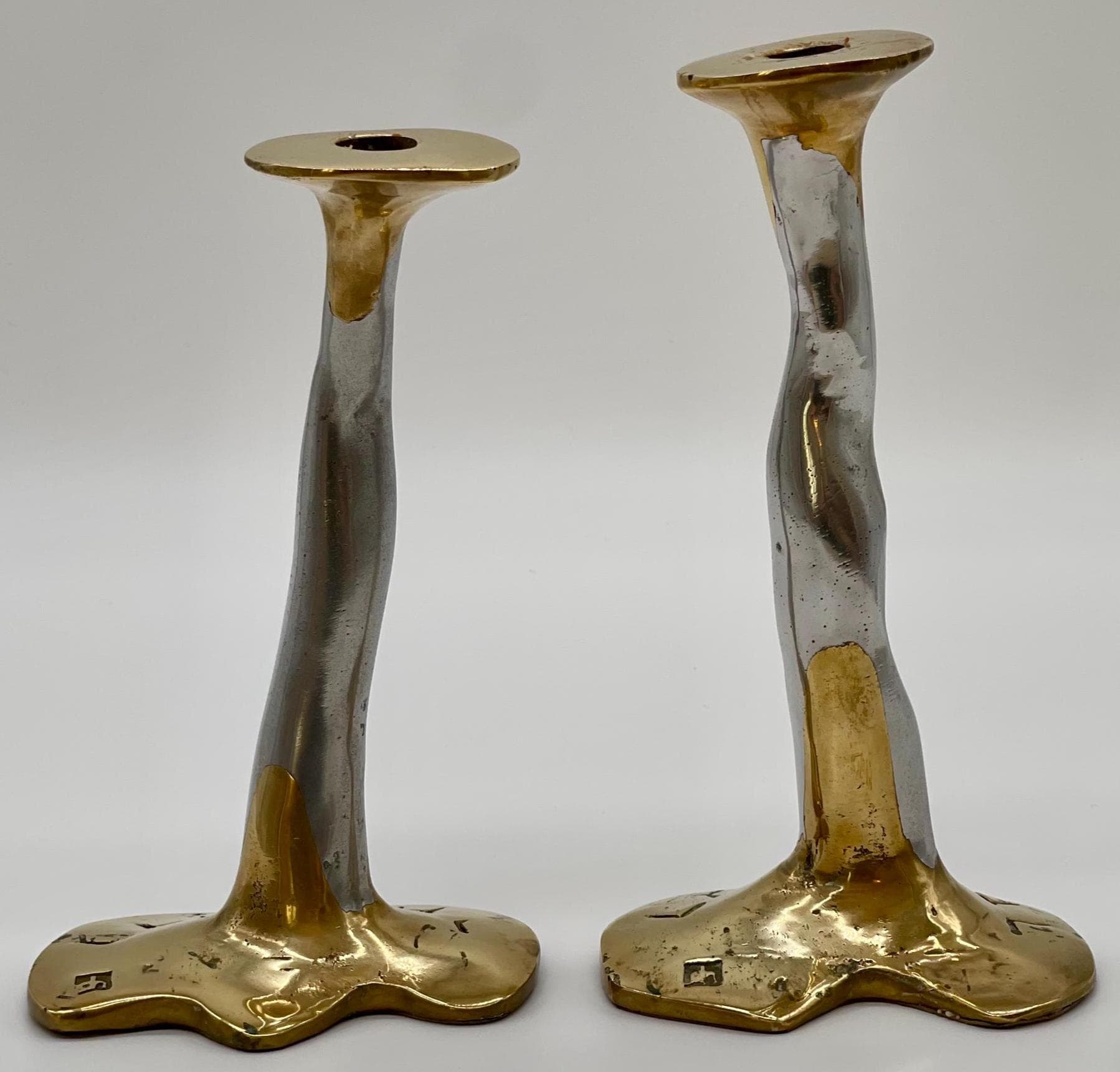 David Marshall Brutalist Candlesticks, Spanish Cast Solid Brass & Aluminum Pair - Thumbnail 2