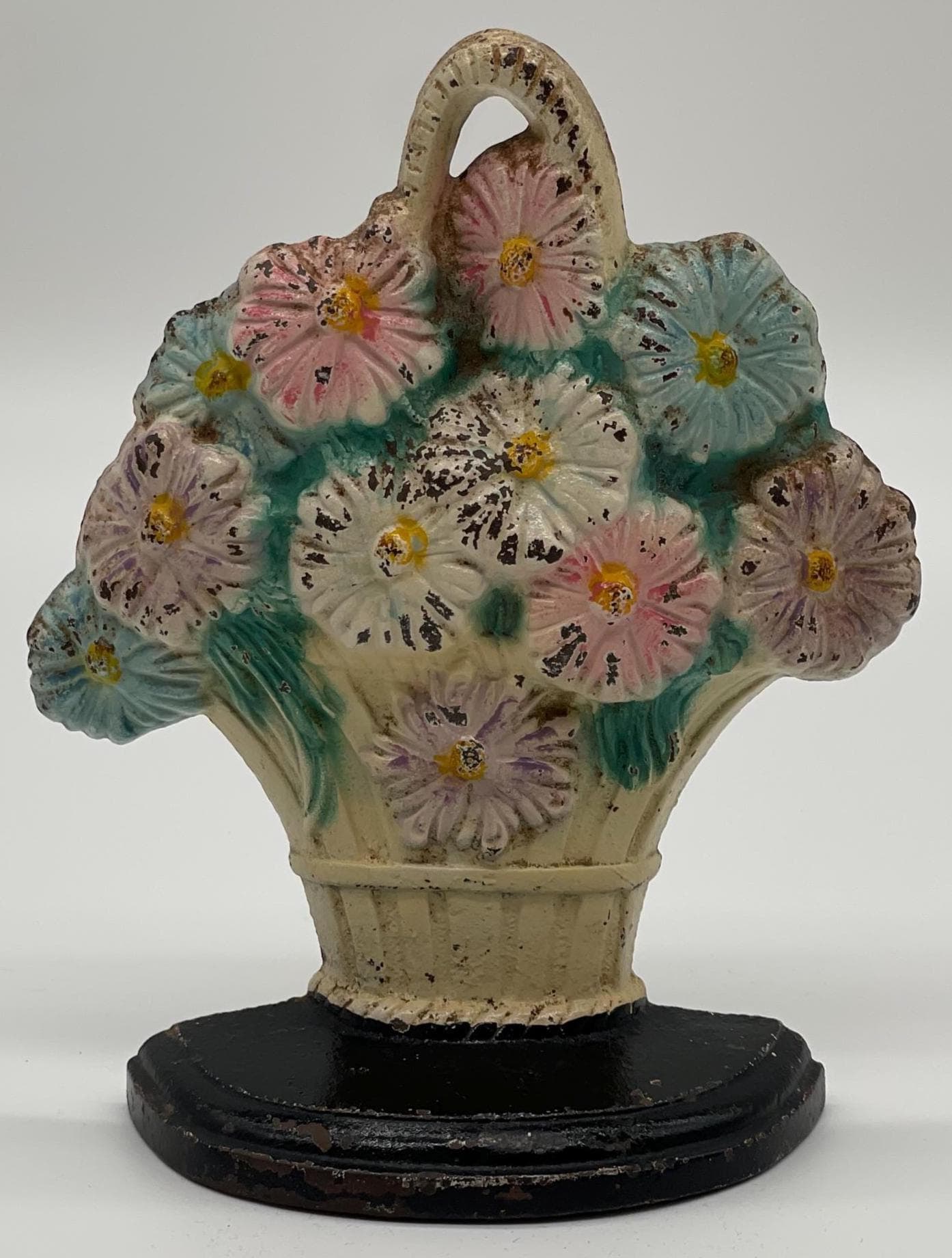 Antique Hubley Daisy Flower Pot Doorstop, Original Paint Cast Iron, 1930s Floral (Hubley #344) - Thumbnail 2
