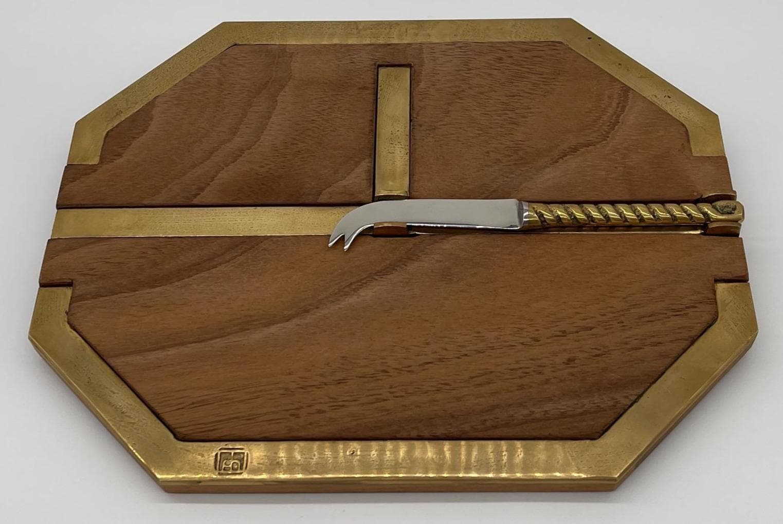 David Marshall Brutalist Cheese Tray with Knife, Beech Wood Brass, 1980s Spain - Thumbnail 10