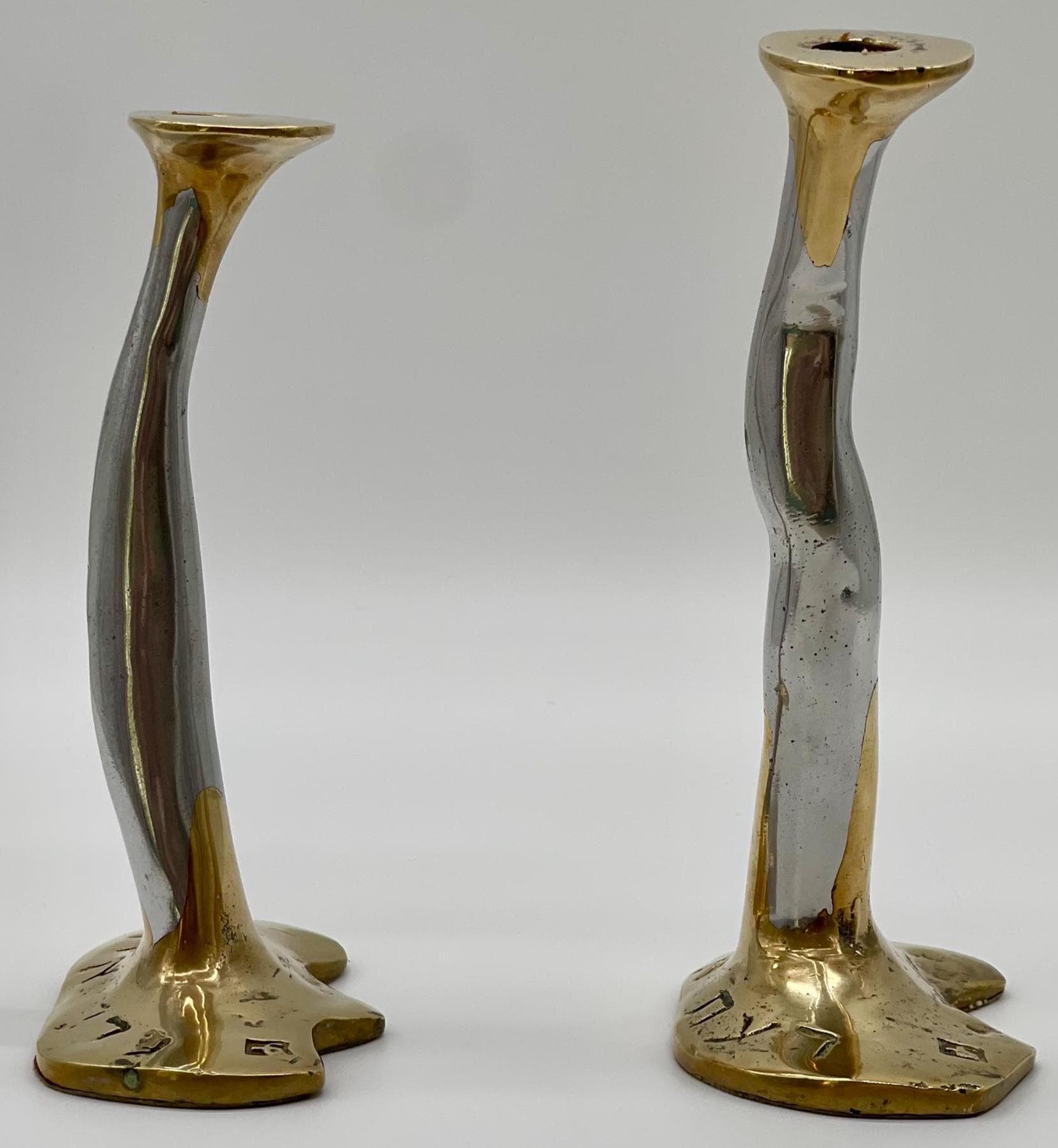 David Marshall Brutalist Candlesticks, Spanish Cast Solid Brass & Aluminum Pair - Thumbnail 8