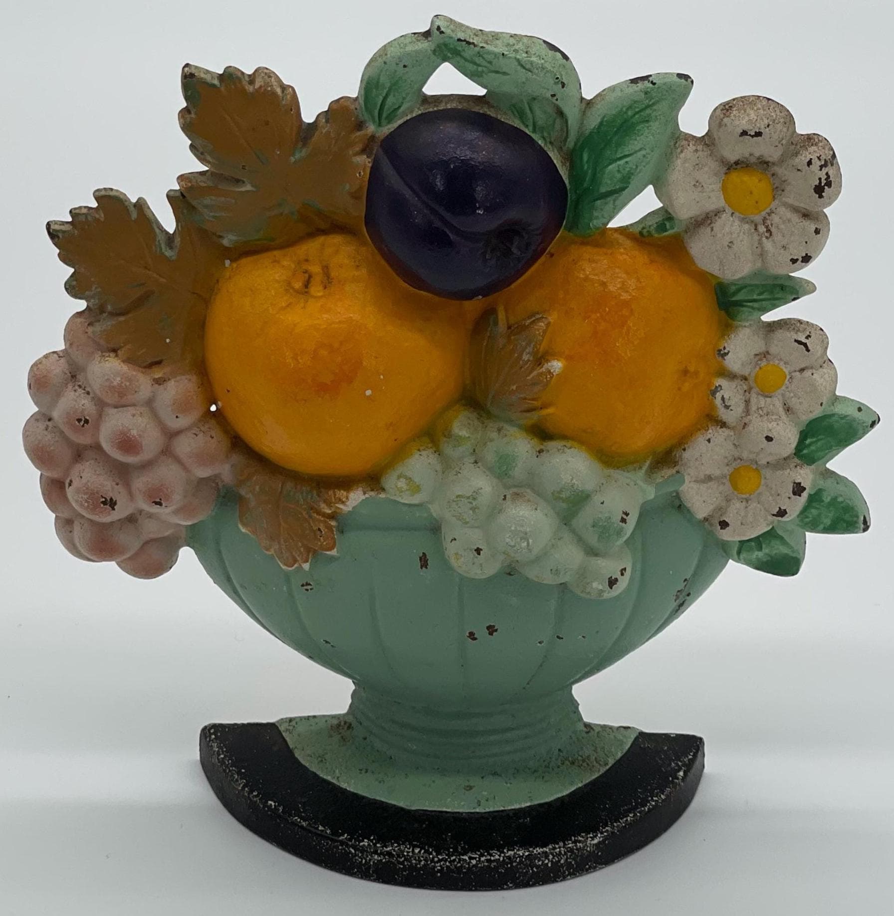Antique Hubley Cast Iron Flower Basket Doorstop, Original Paint, 1930s Floral Fruit (6.9") - Thumbnail 5