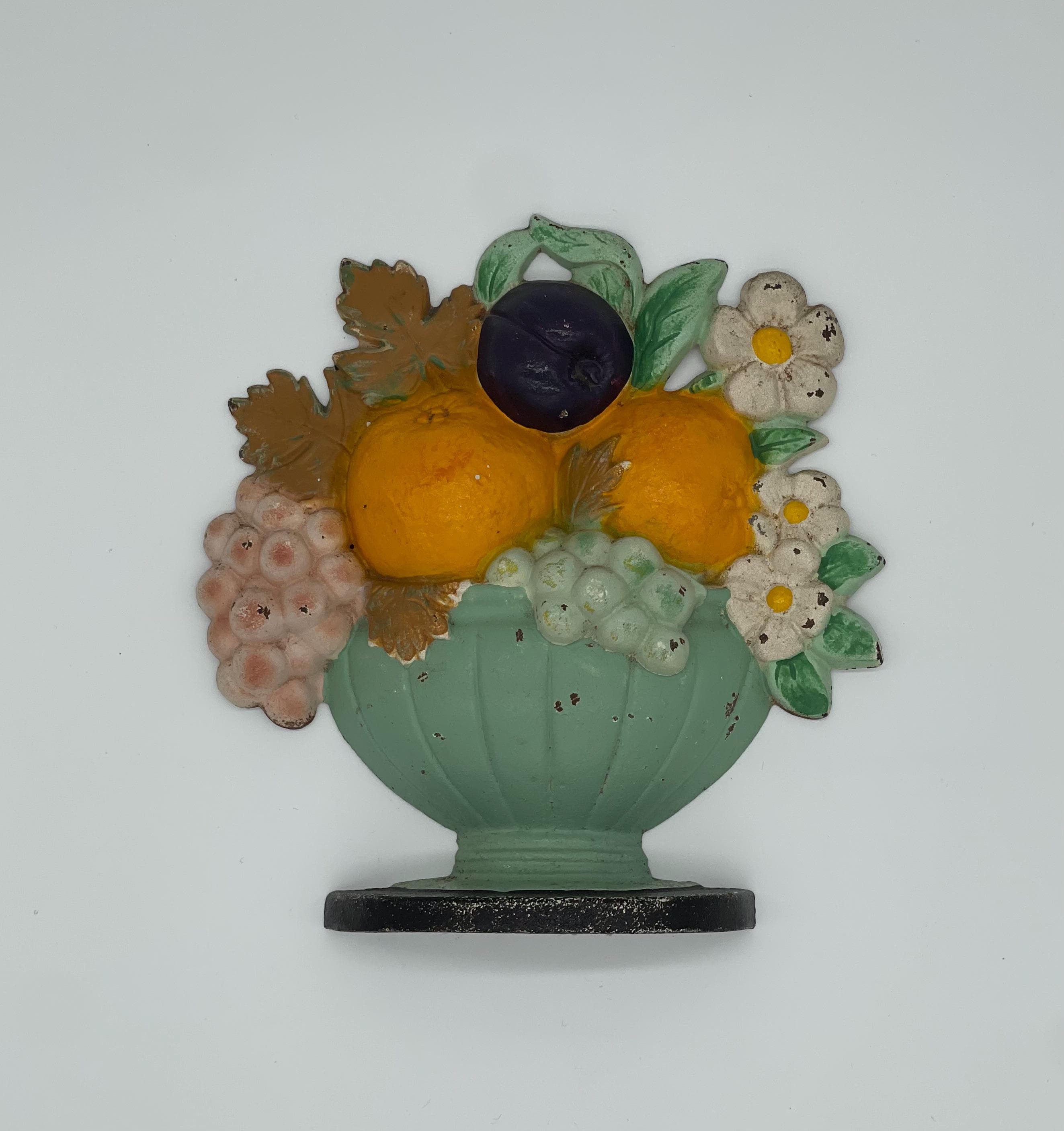 Antique Hubley Cast Iron Flower Basket Doorstop, Original Paint, 1930s Floral Fruit (6.9")
