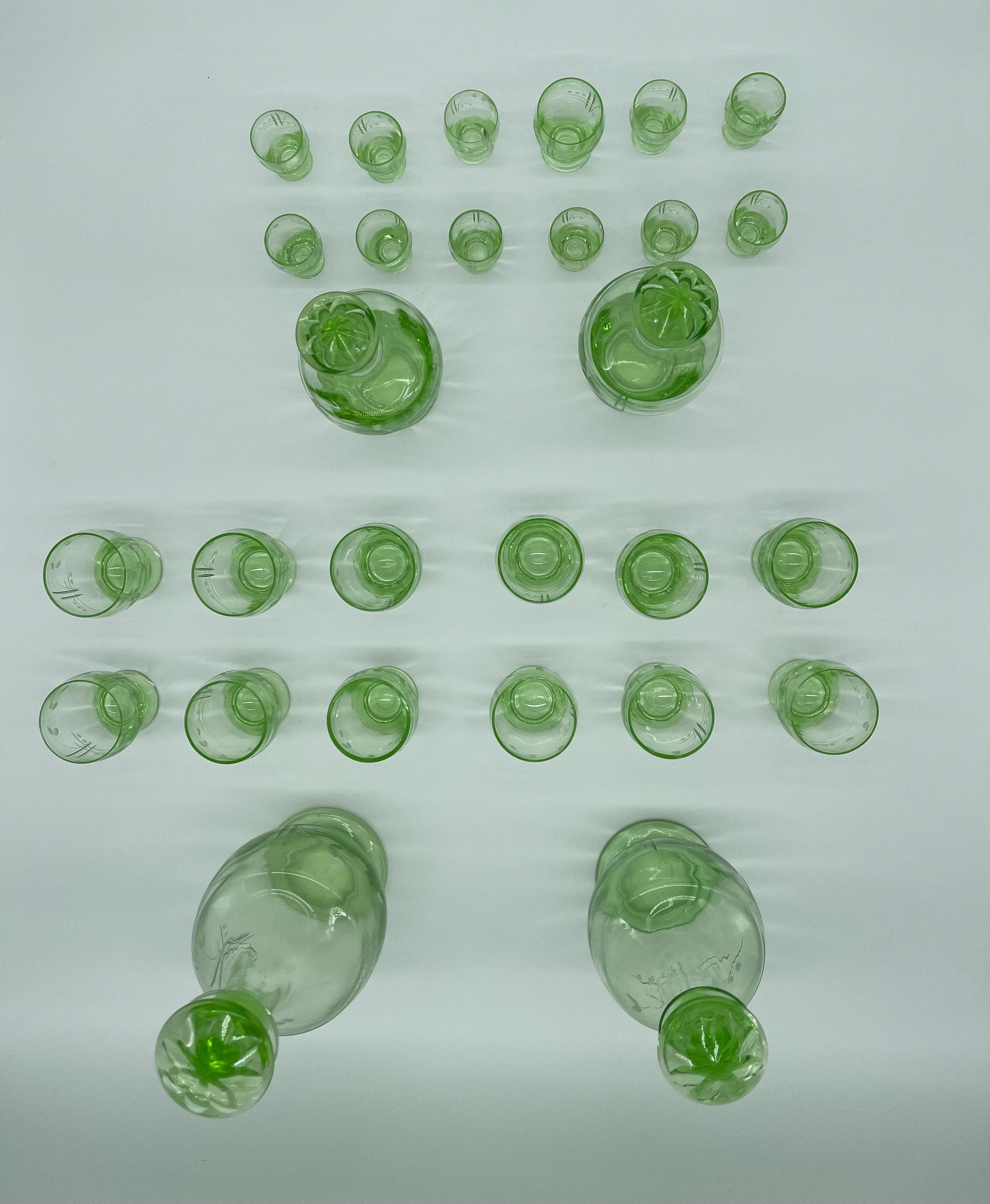 Antique Bohemian Vaseline Glass Decanter Set, Art Deco Liquor Glasses, UV Glowing Set - Thumbnail 5