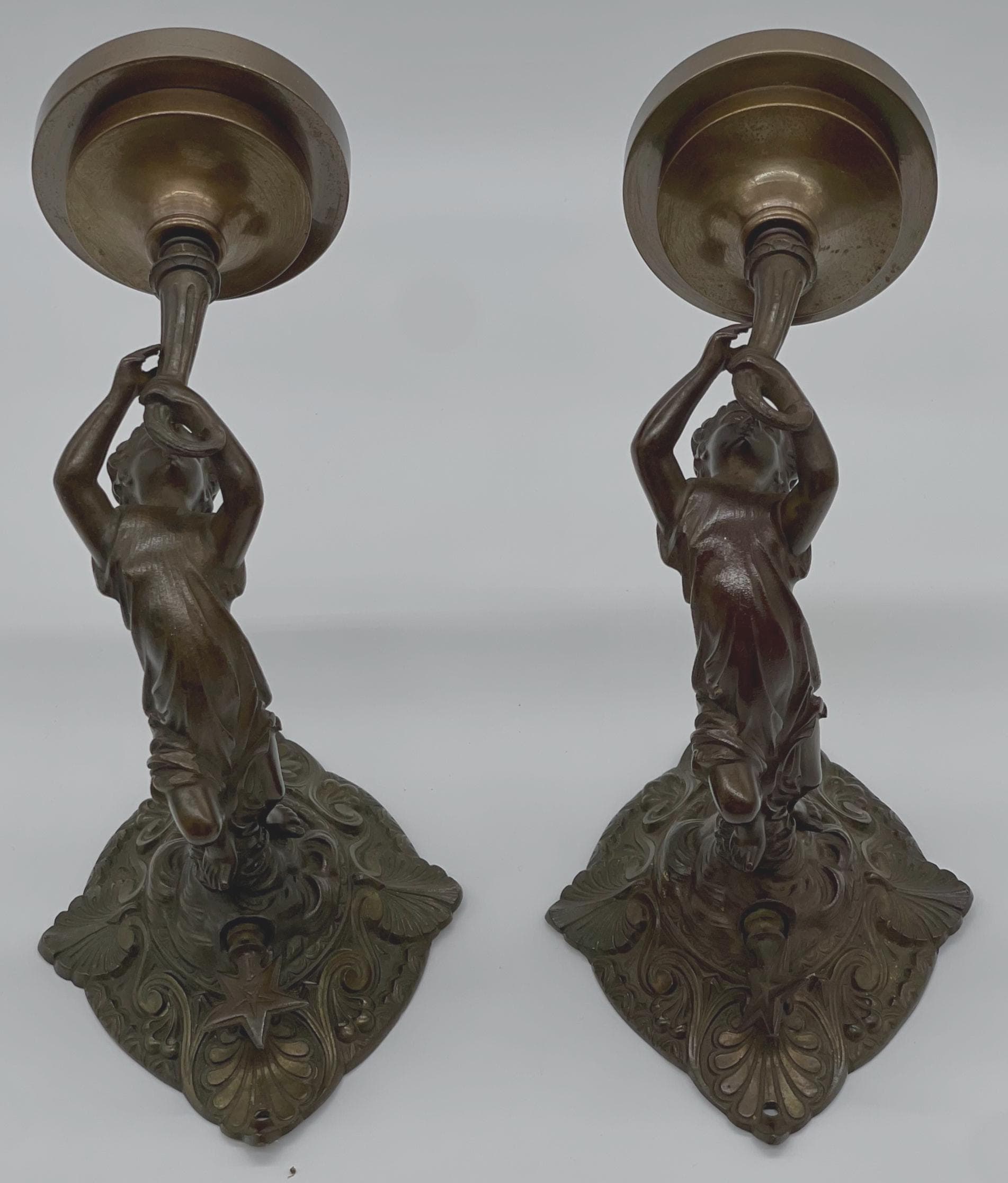 Antique Bronze Nymph Sconces, Neoclassical Wall Lights, Etched Glass Globes - Thumbnail 6