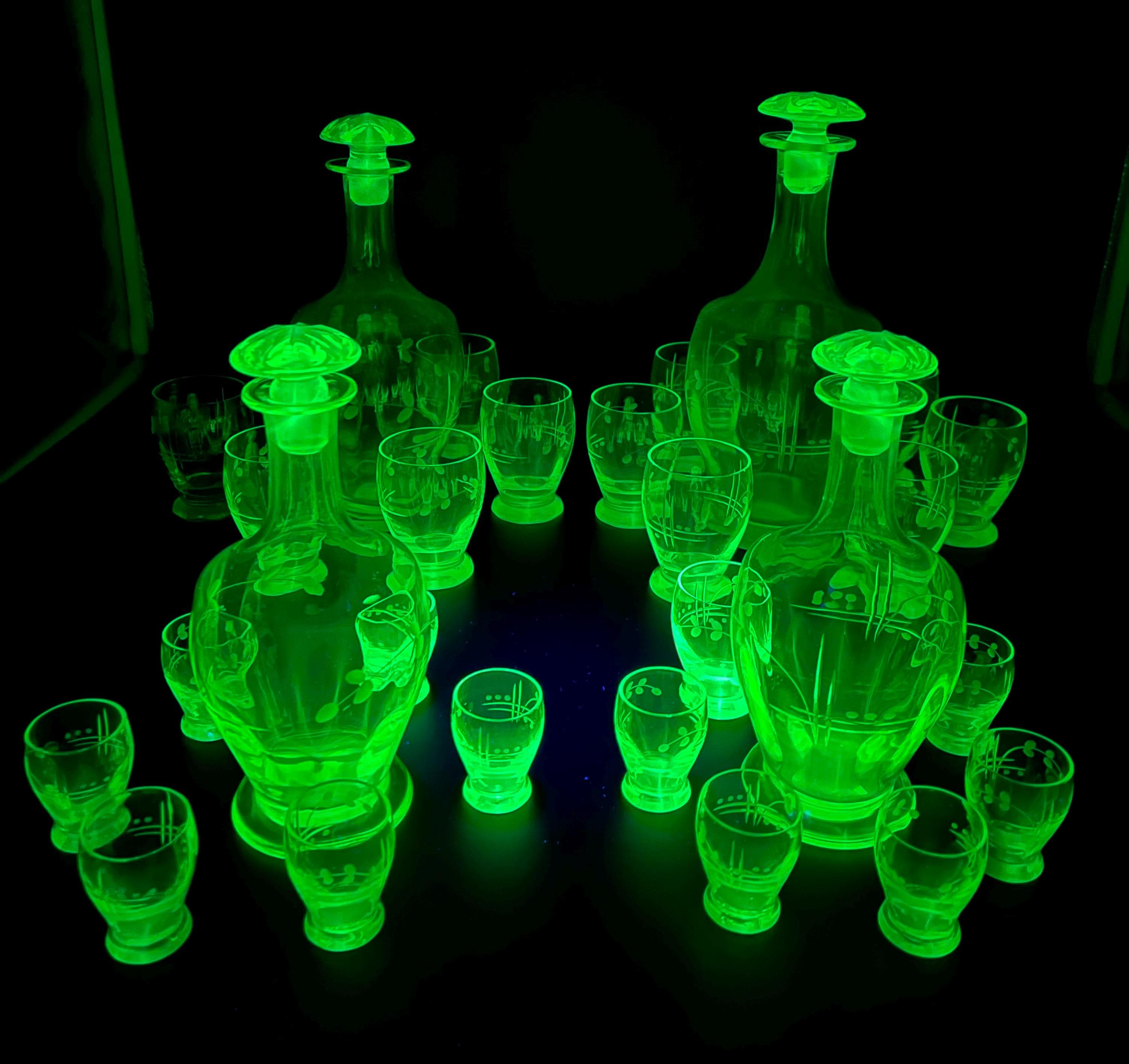 Antique Bohemian Vaseline Glass Decanter Set, Art Deco Liquor Glasses, UV Glowing Set - Thumbnail 4