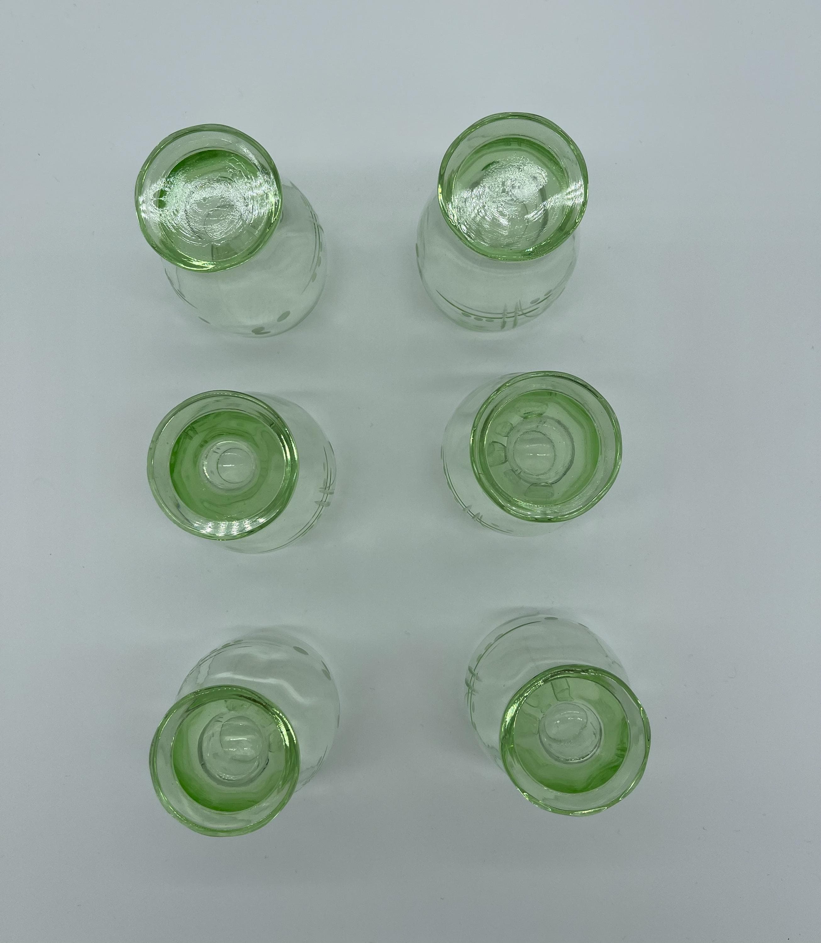 Antique Bohemian Vaseline Glass Decanter Set, Art Deco Liquor Glasses, UV Glowing Set - Thumbnail 9