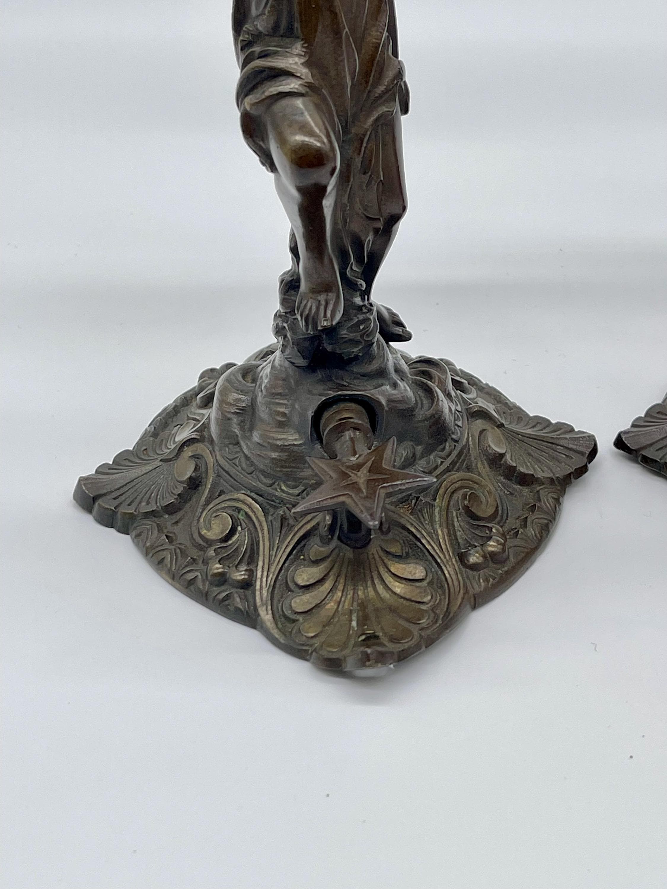 Antique Bronze Nymph Sconces, Neoclassical Wall Lights, Etched Glass Globes - Thumbnail 7