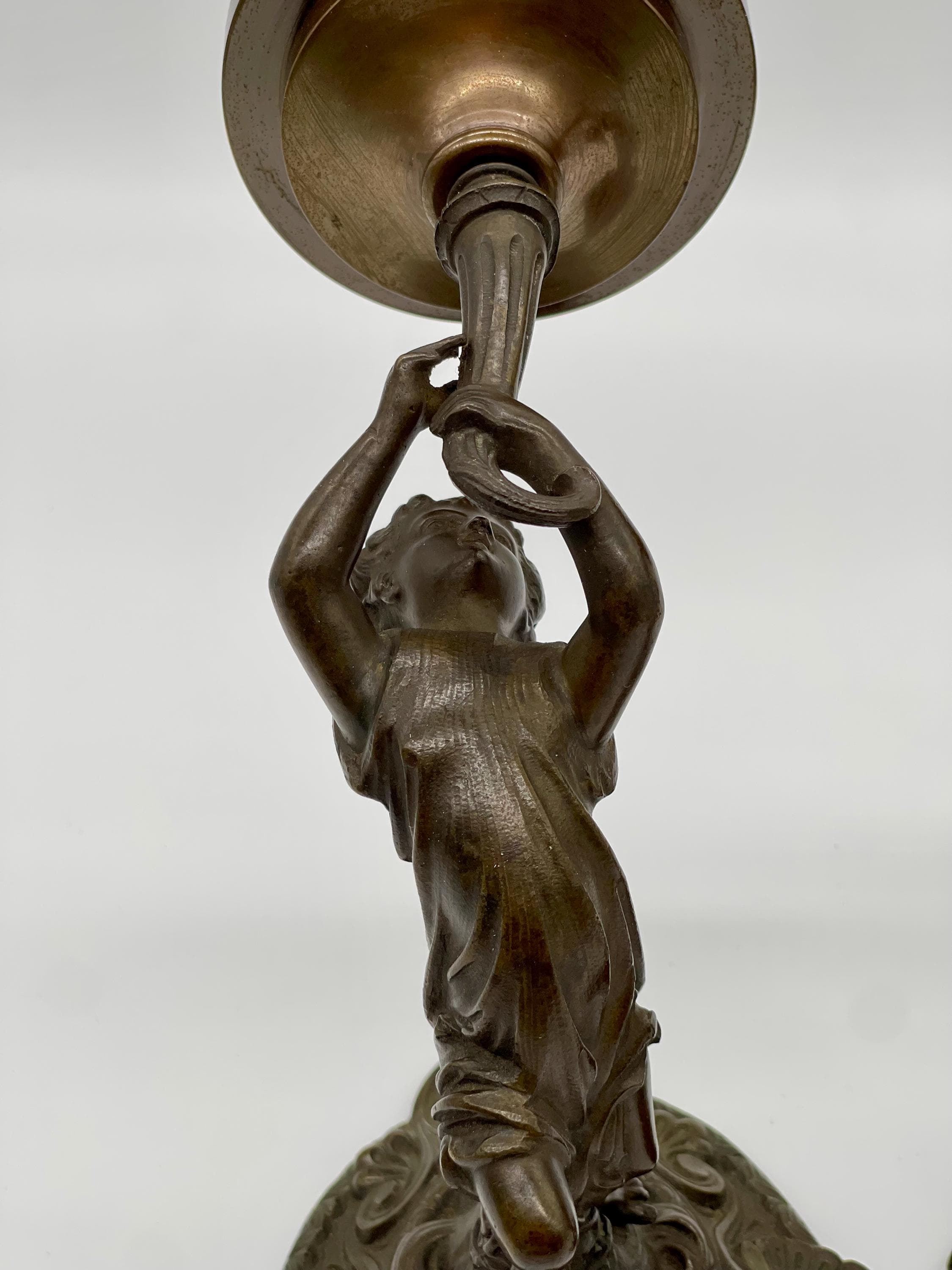 Antique Bronze Nymph Sconces, Neoclassical Wall Lights, Etched Glass Globes - Thumbnail 4