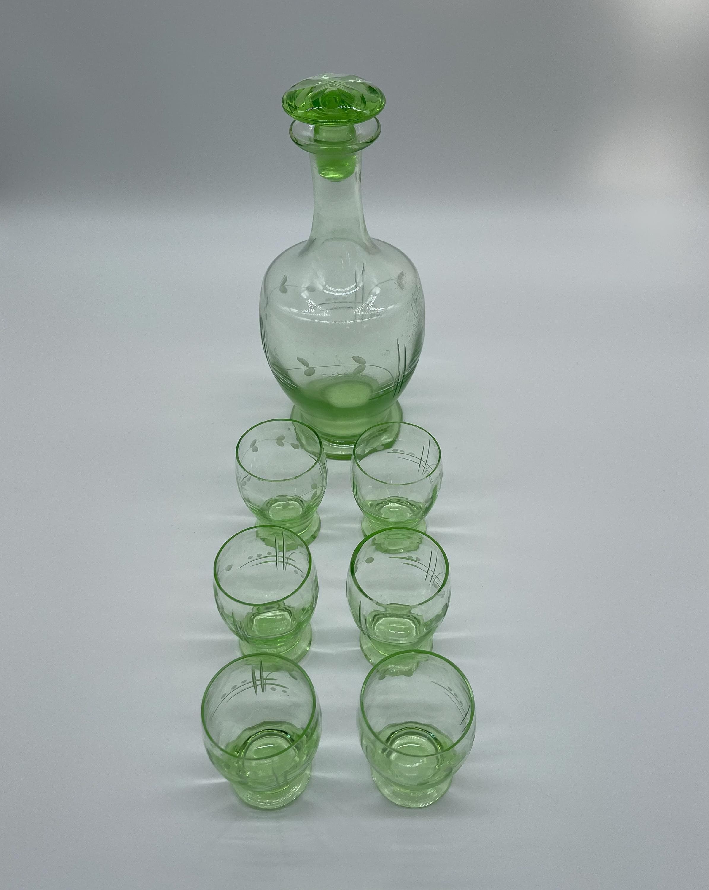 Antique Bohemian Vaseline Glass Decanter Set, Art Deco Liquor Glasses, UV Glowing Set - Thumbnail 18