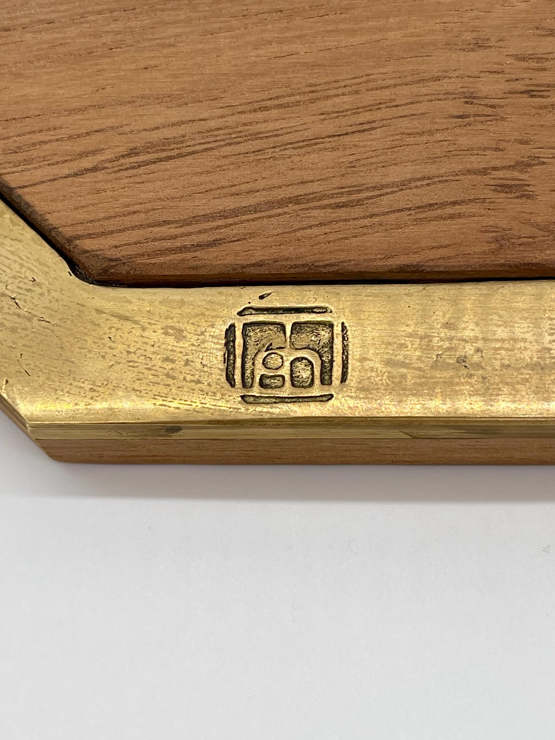 David Marshall Brutalist Cheese Tray with Knife, Beech Wood Brass, 1980s Spain - Thumbnail 3
