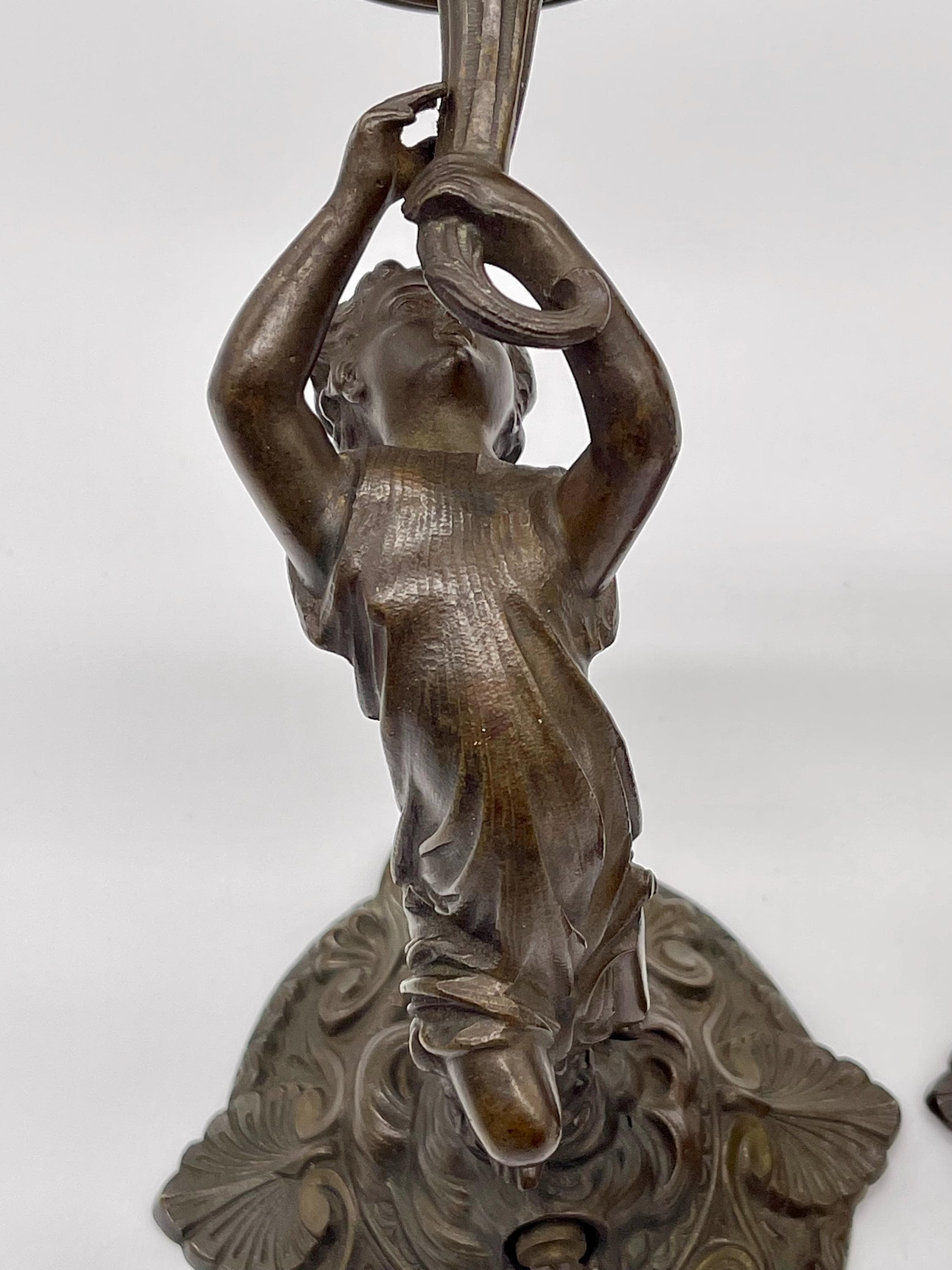 Antique Bronze Nymph Sconces, Neoclassical Wall Lights, Etched Glass Globes - Thumbnail 5