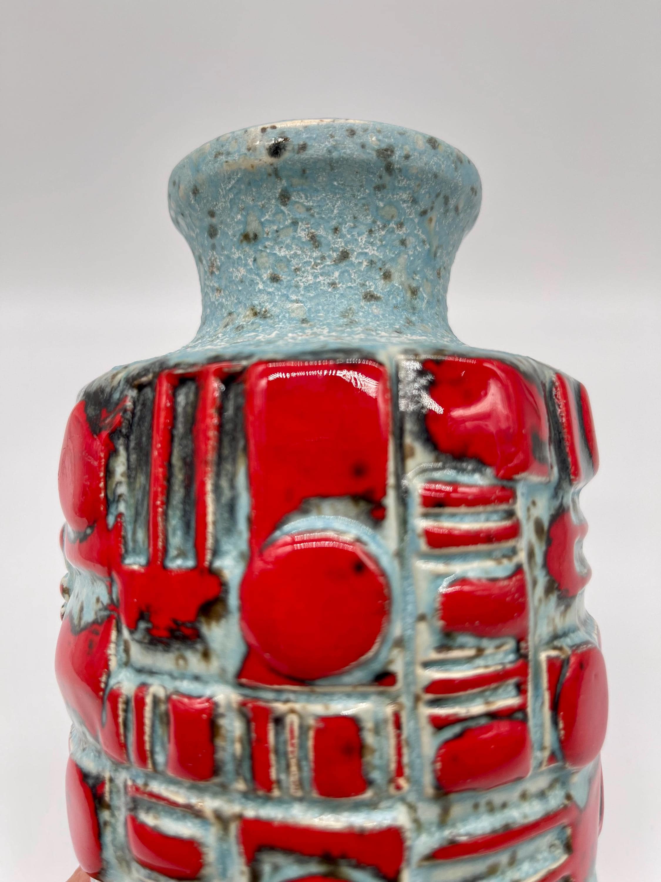 Vintage West German Relief Vase, 1960s Fat Lava Red Blue Pottery - Thumbnail 3