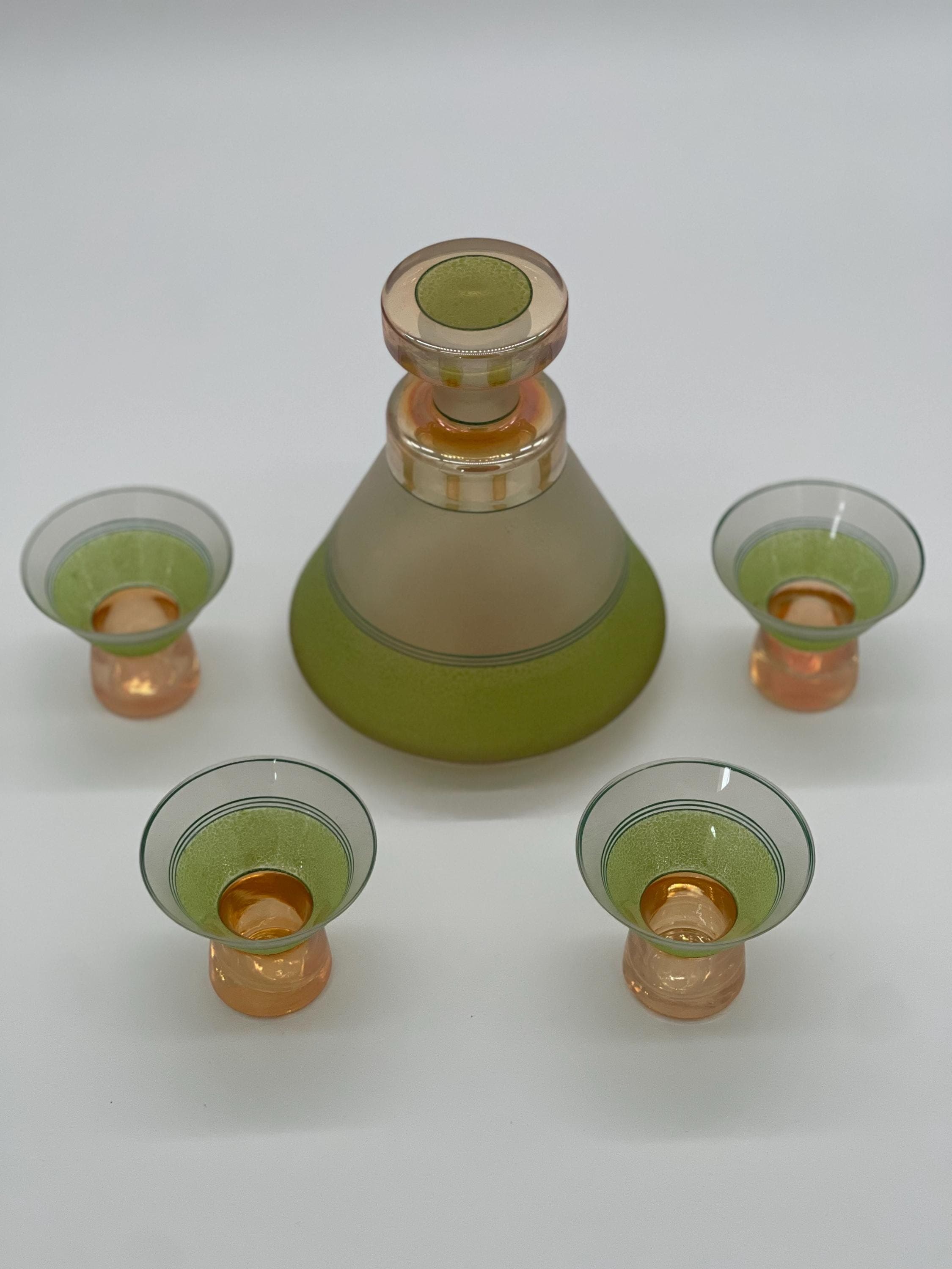 MCM Atomic Decanter Set, Satin Peach Chartreuse Glass Cocktail Glasses, 1950s Barware - Thumbnail 2