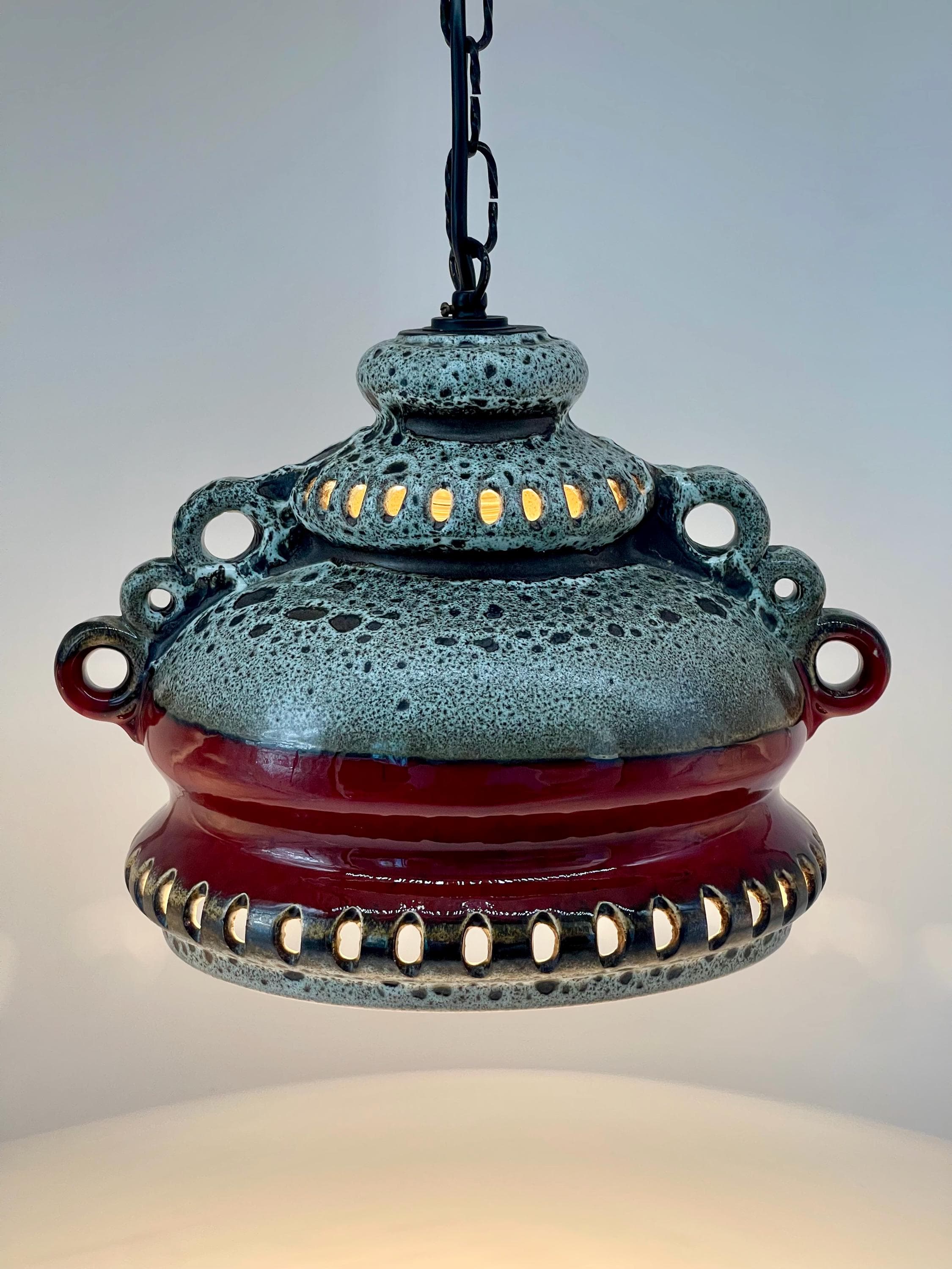Vintage Fat Lava Ceramic Pendant Light, 1970s West German Pottery UFO Lamp - Thumbnail 3
