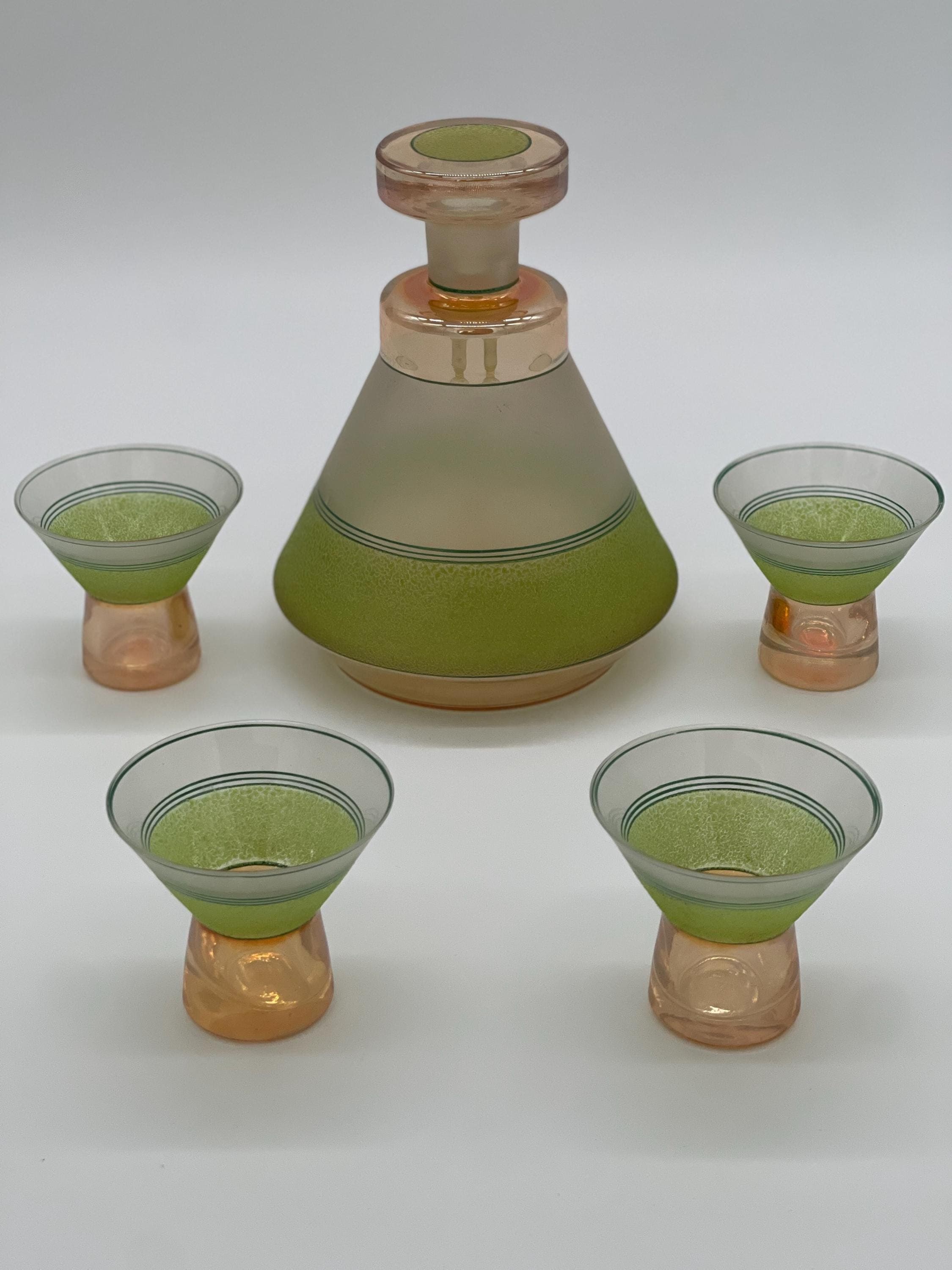 MCM Atomic Decanter Set, Satin Peach Chartreuse Glass Cocktail Glasses, 1950s Barware - Thumbnail 3