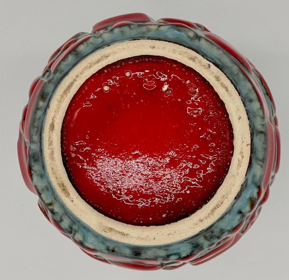 Vintage West German Relief Vase, 1960s Fat Lava Red Blue Pottery - Thumbnail 5