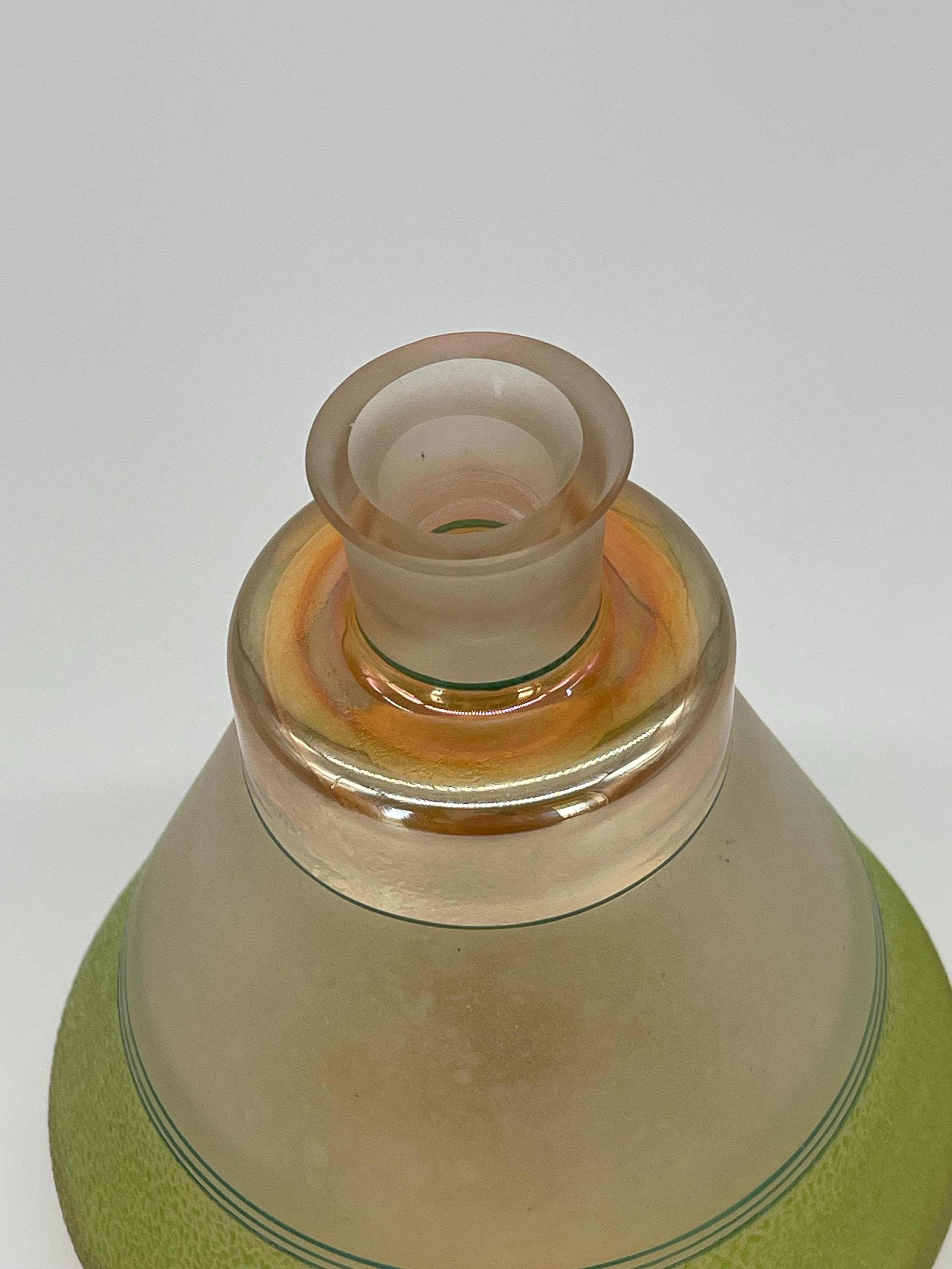 MCM Atomic Decanter Set, Satin Peach Chartreuse Glass Cocktail Glasses, 1950s Barware - Thumbnail 4