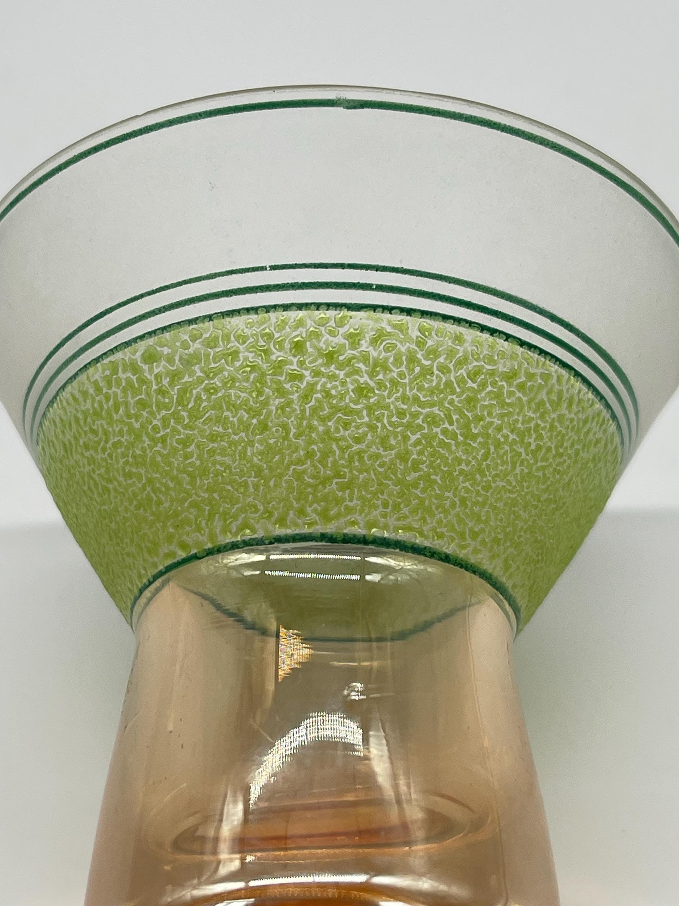 MCM Atomic Decanter Set, Satin Peach Chartreuse Glass Cocktail Glasses, 1950s Barware - Thumbnail 7