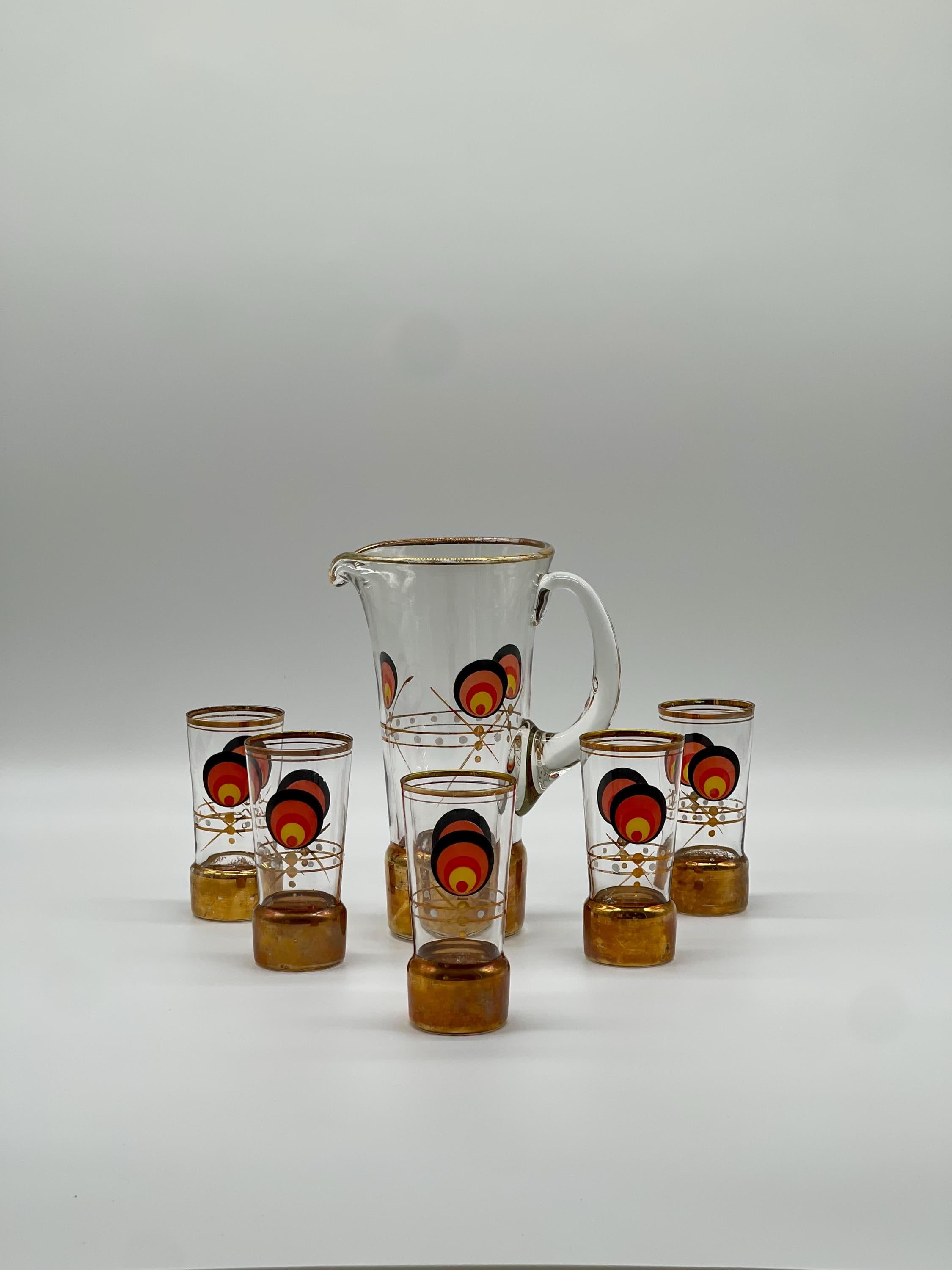 Vintage MCM Cocktail Set, 1960s Glass Pitcher & 5 Shot Glasses, Gold Base Barware - Thumbnail 3