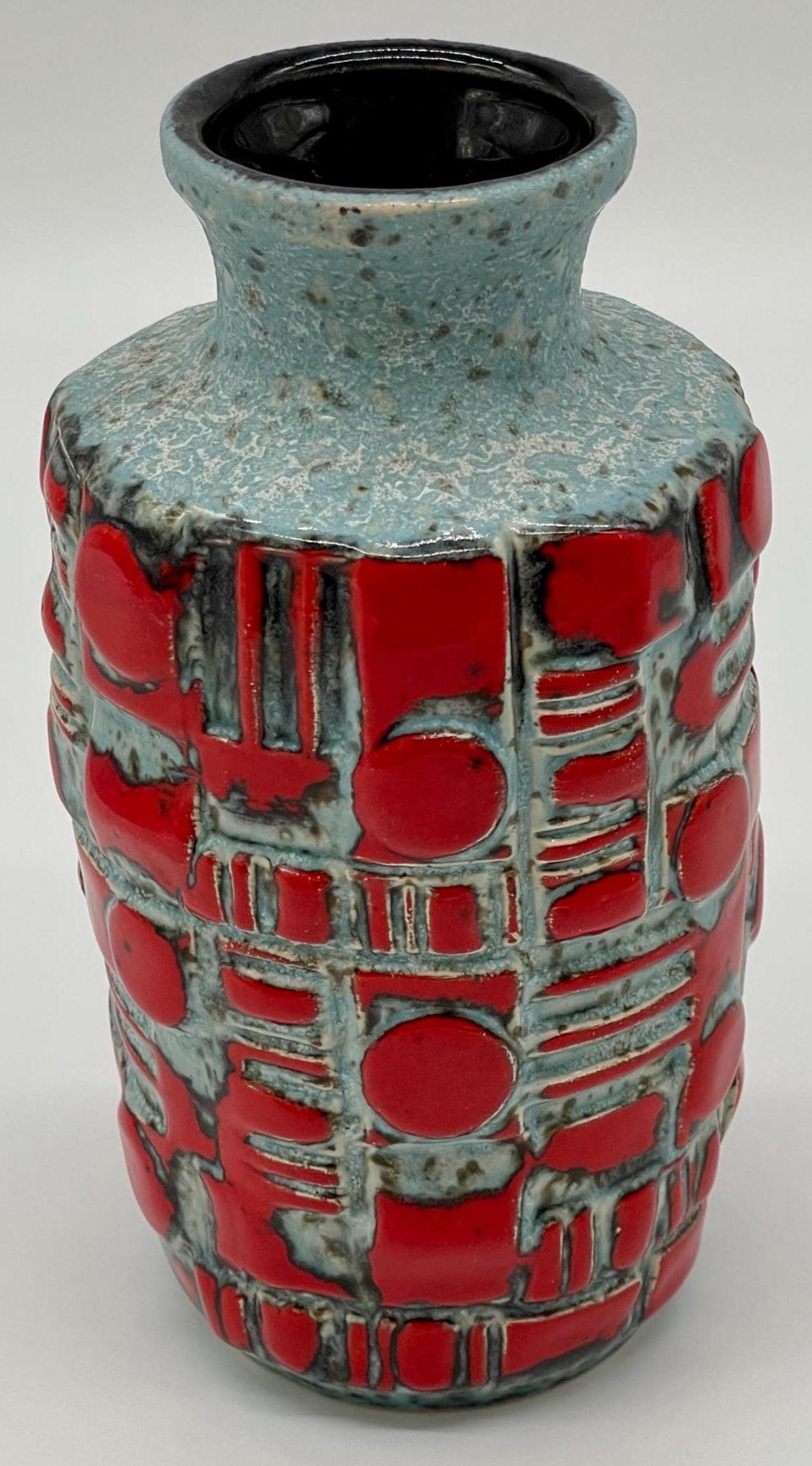 Vintage West German Relief Vase, 1960s Fat Lava Red Blue Pottery - Thumbnail 6