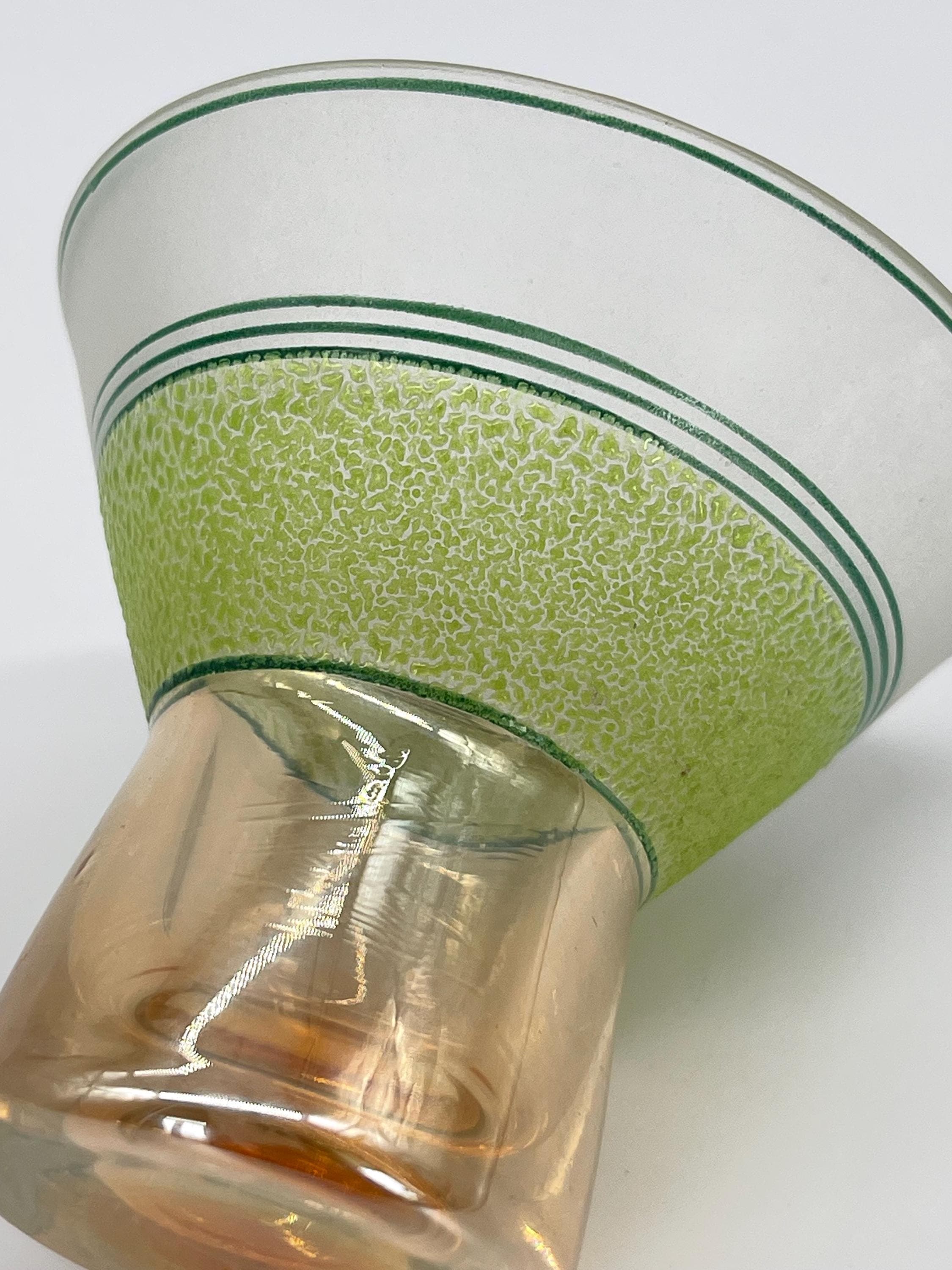 MCM Atomic Decanter Set, Satin Peach Chartreuse Glass Cocktail Glasses, 1950s Barware - Thumbnail 6