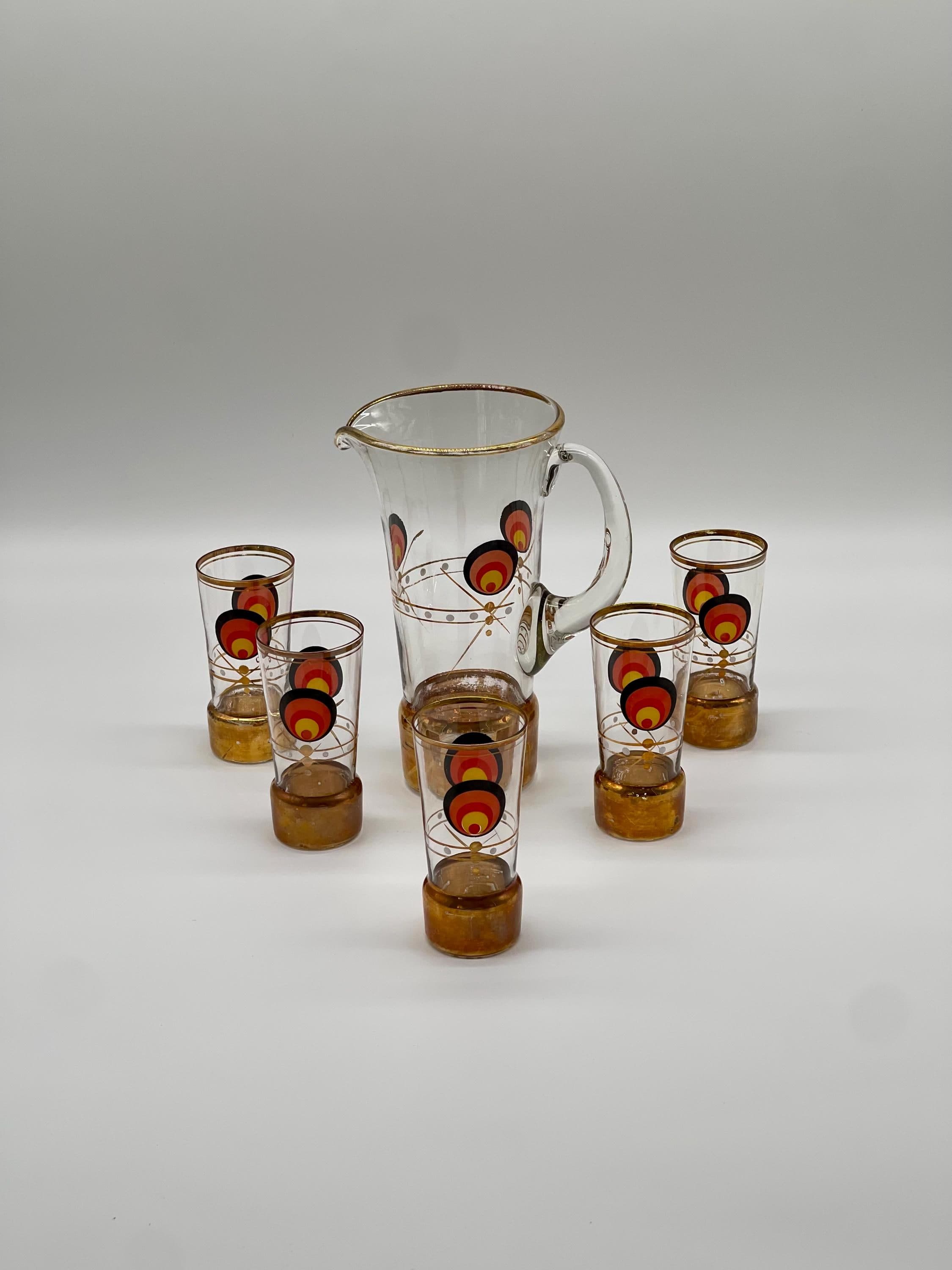 Vintage MCM Cocktail Set, 1960s Glass Pitcher & 5 Shot Glasses, Gold Base Barware - Thumbnail 4