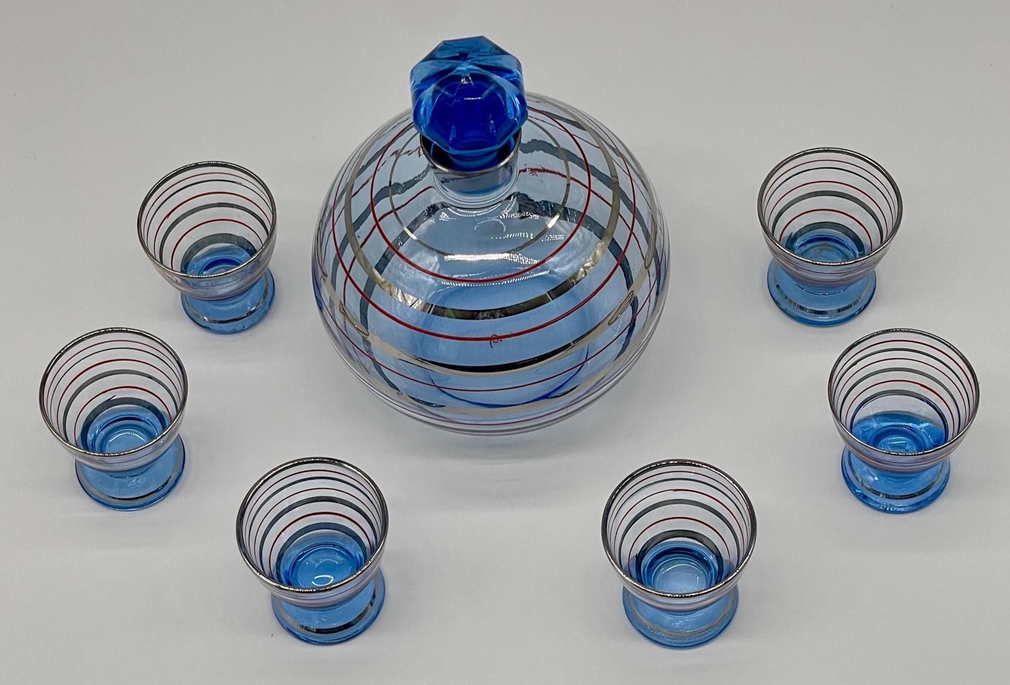 Vintage Bohemian Blue Liqueur Set, Silver Red Banded Decanter, 6 Shot Glasses - Thumbnail 3