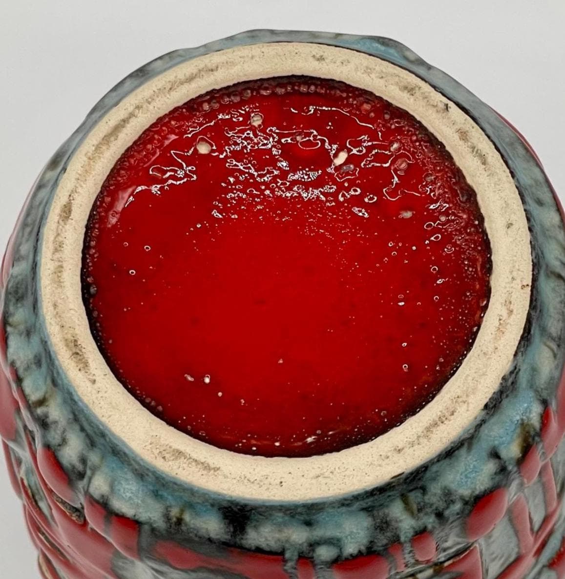 Vintage West German Relief Vase, 1960s Fat Lava Red Blue Pottery - Thumbnail 11