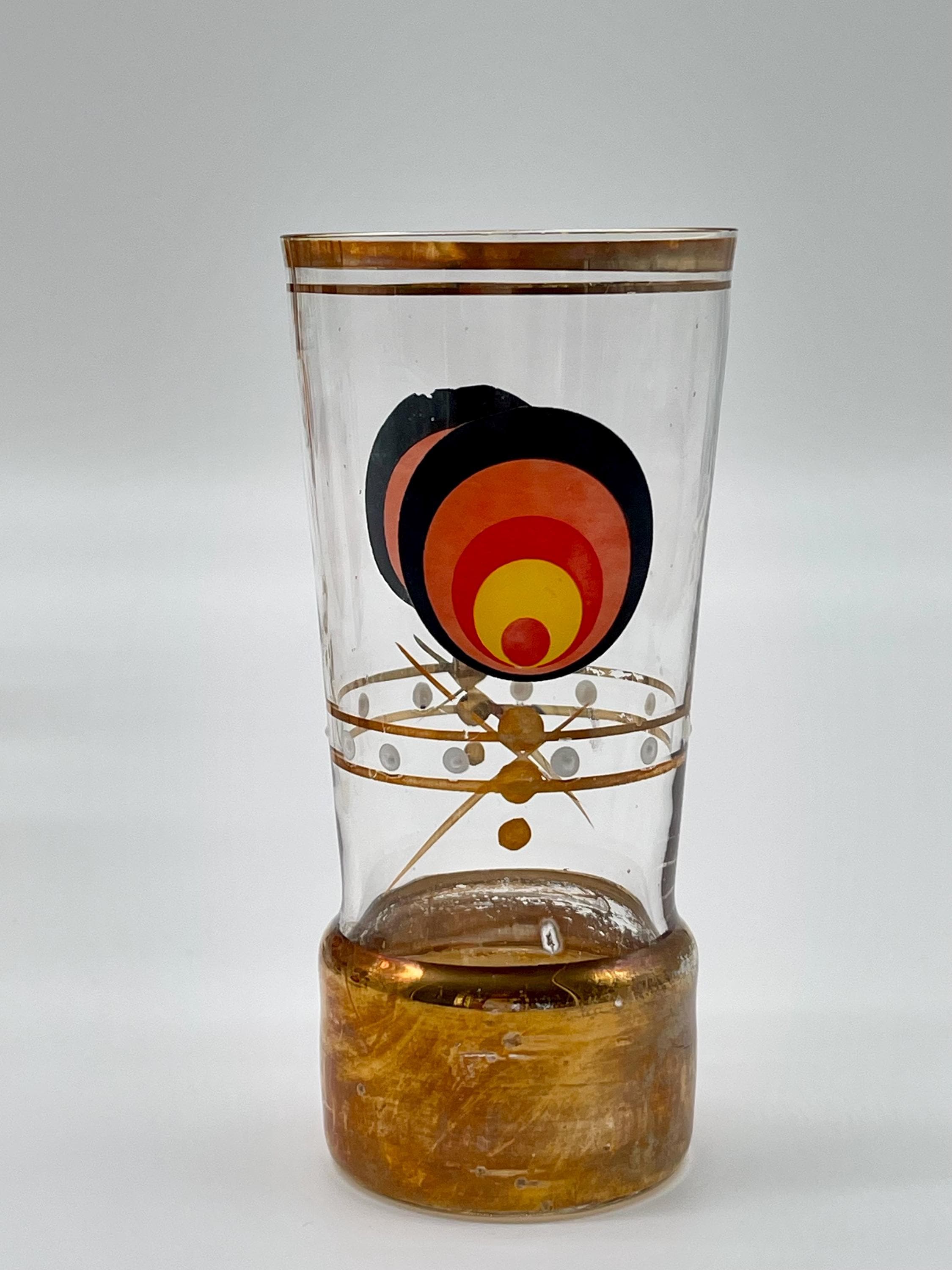 Vintage MCM Cocktail Set, 1960s Glass Pitcher & 5 Shot Glasses, Gold Base Barware - Thumbnail 9