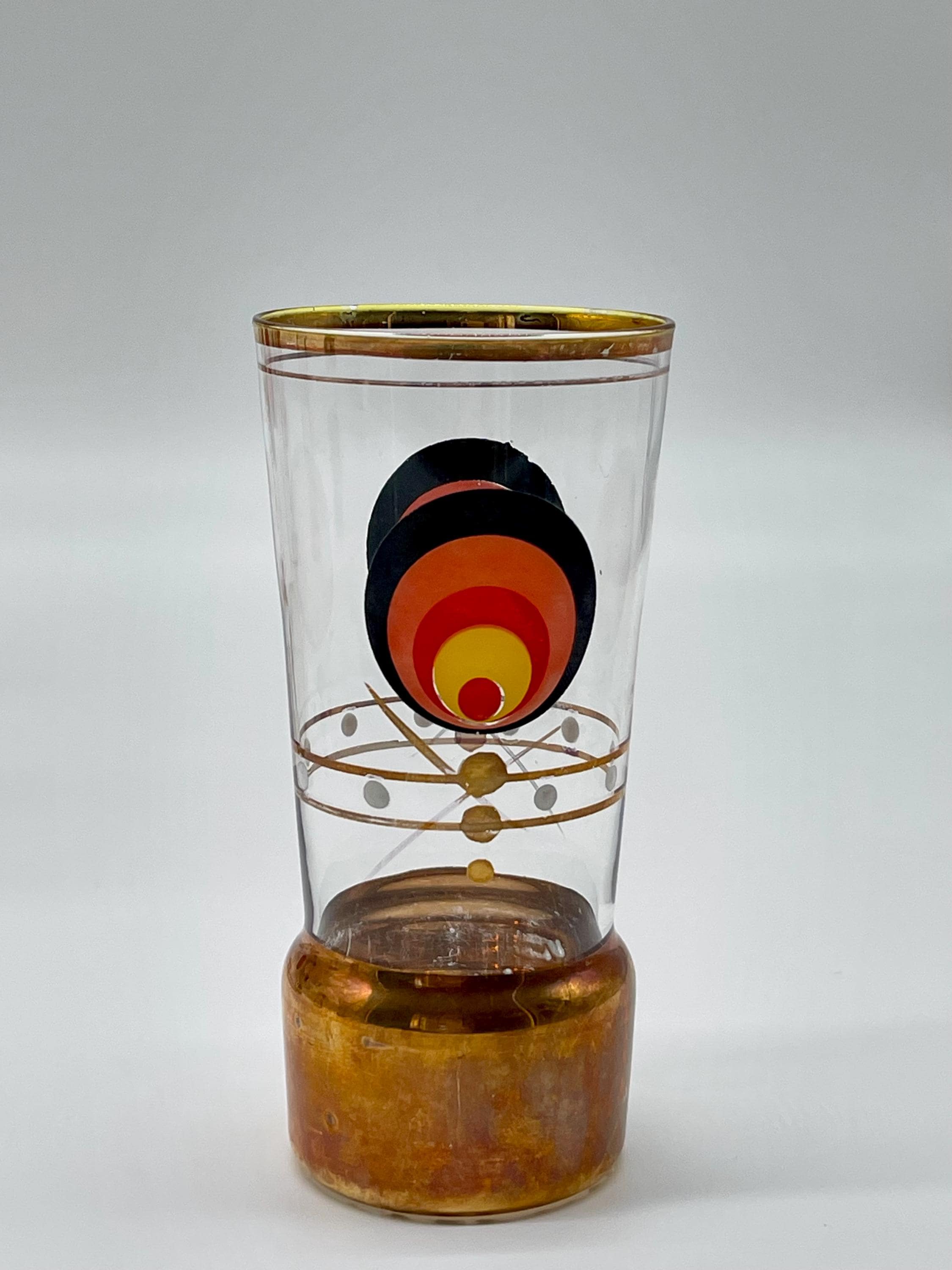 Vintage MCM Cocktail Set, 1960s Glass Pitcher & 5 Shot Glasses, Gold Base Barware - Thumbnail 7