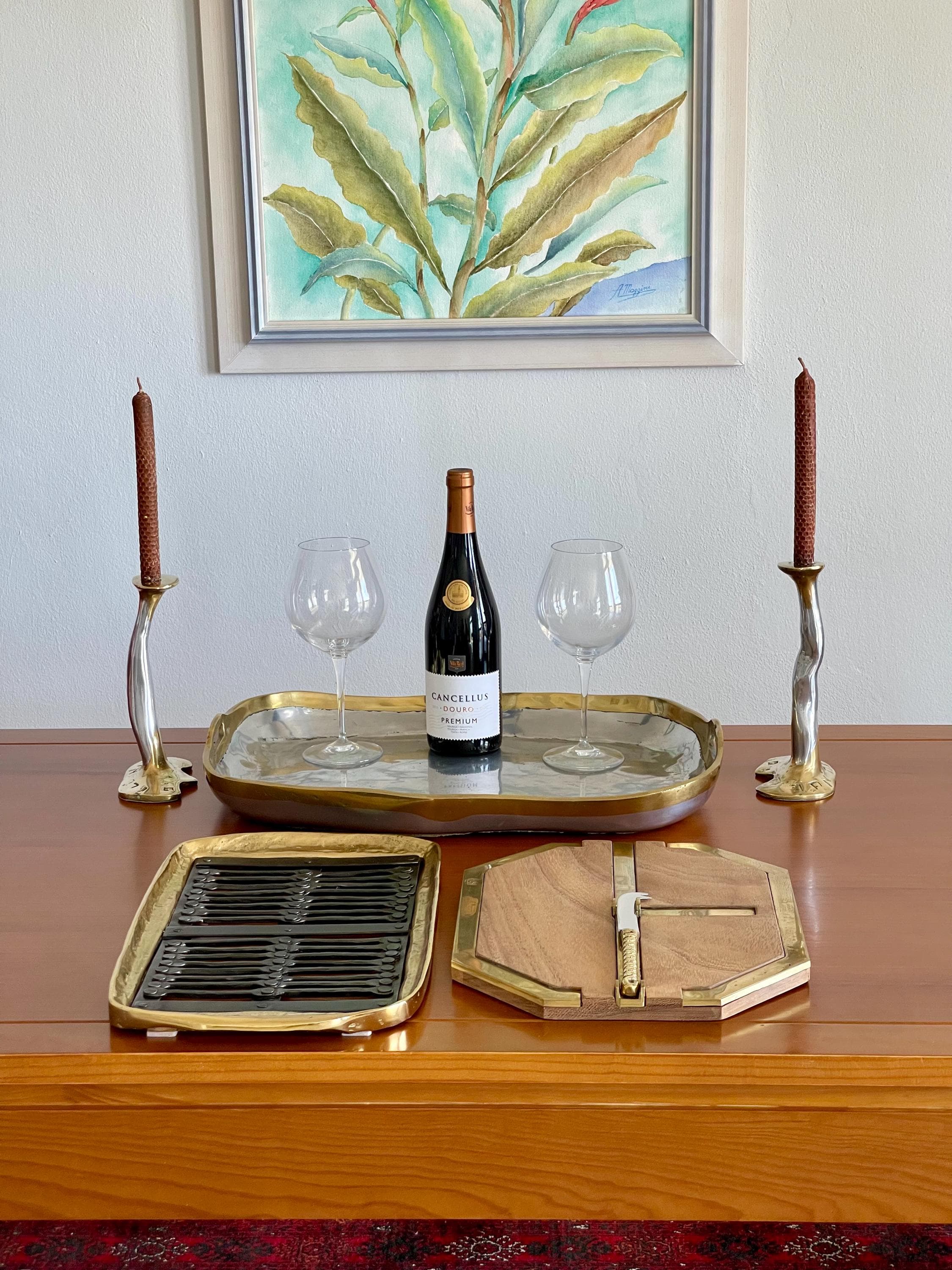 David Marshall Brutalist Entertainer Set, Solid Brass & Aluminum Tray Trivet Cheese Board Candlesticks - Thumbnail 20
