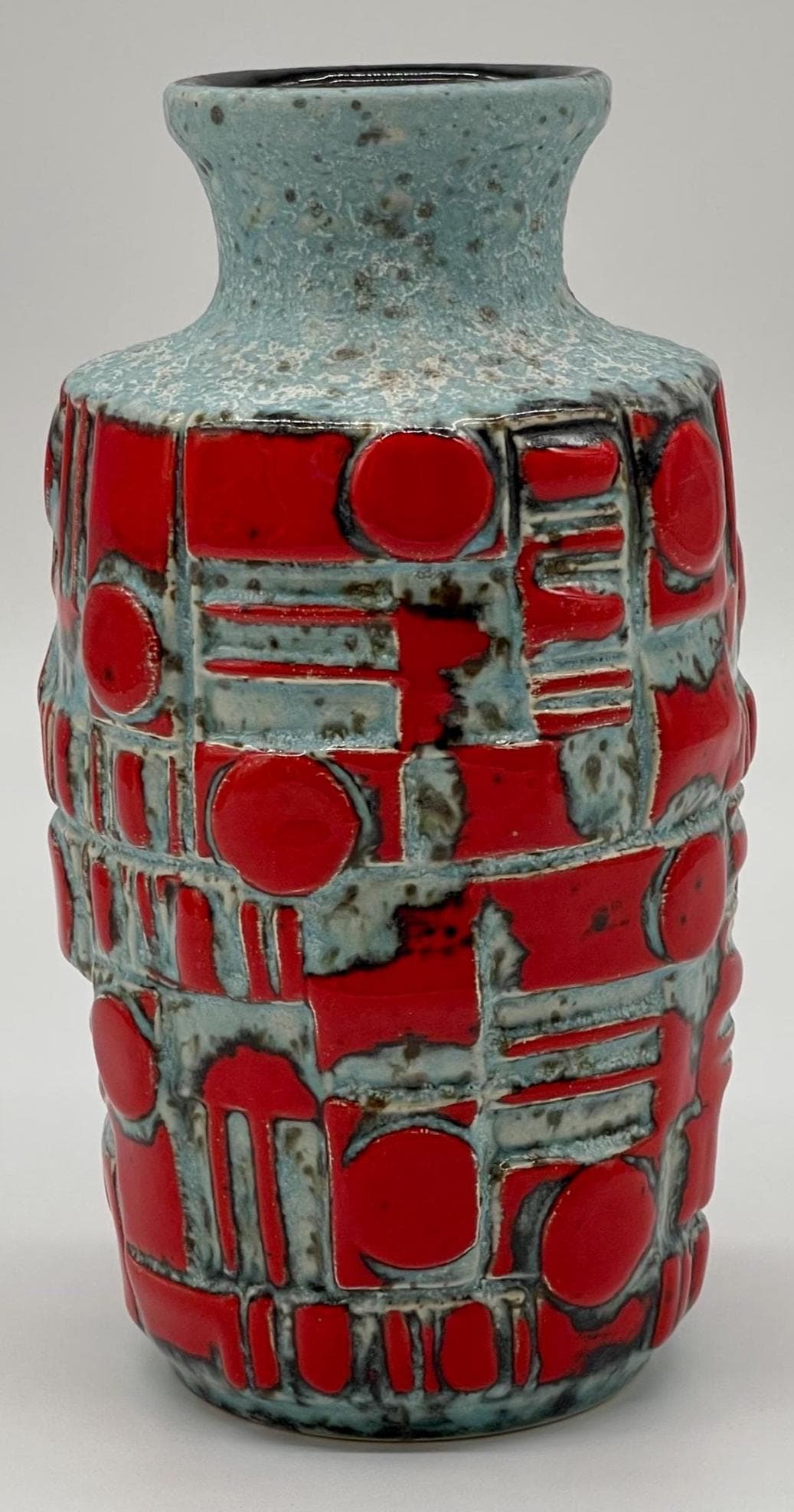 Vintage West German Relief Vase, 1960s Fat Lava Red Blue Pottery - Thumbnail 7