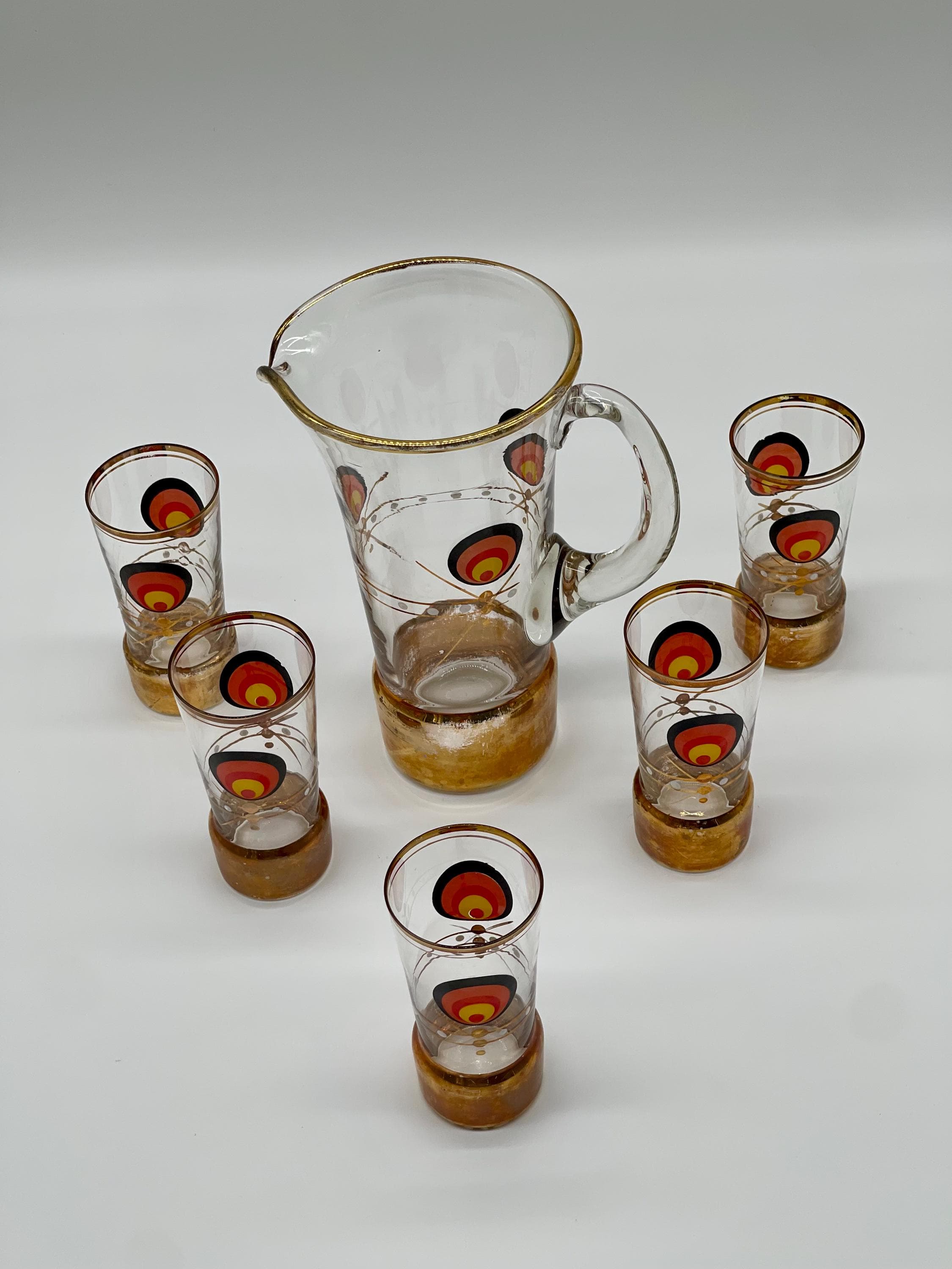 Vintage MCM Cocktail Set, 1960s Glass Pitcher & 5 Shot Glasses, Gold Base Barware - Thumbnail 5
