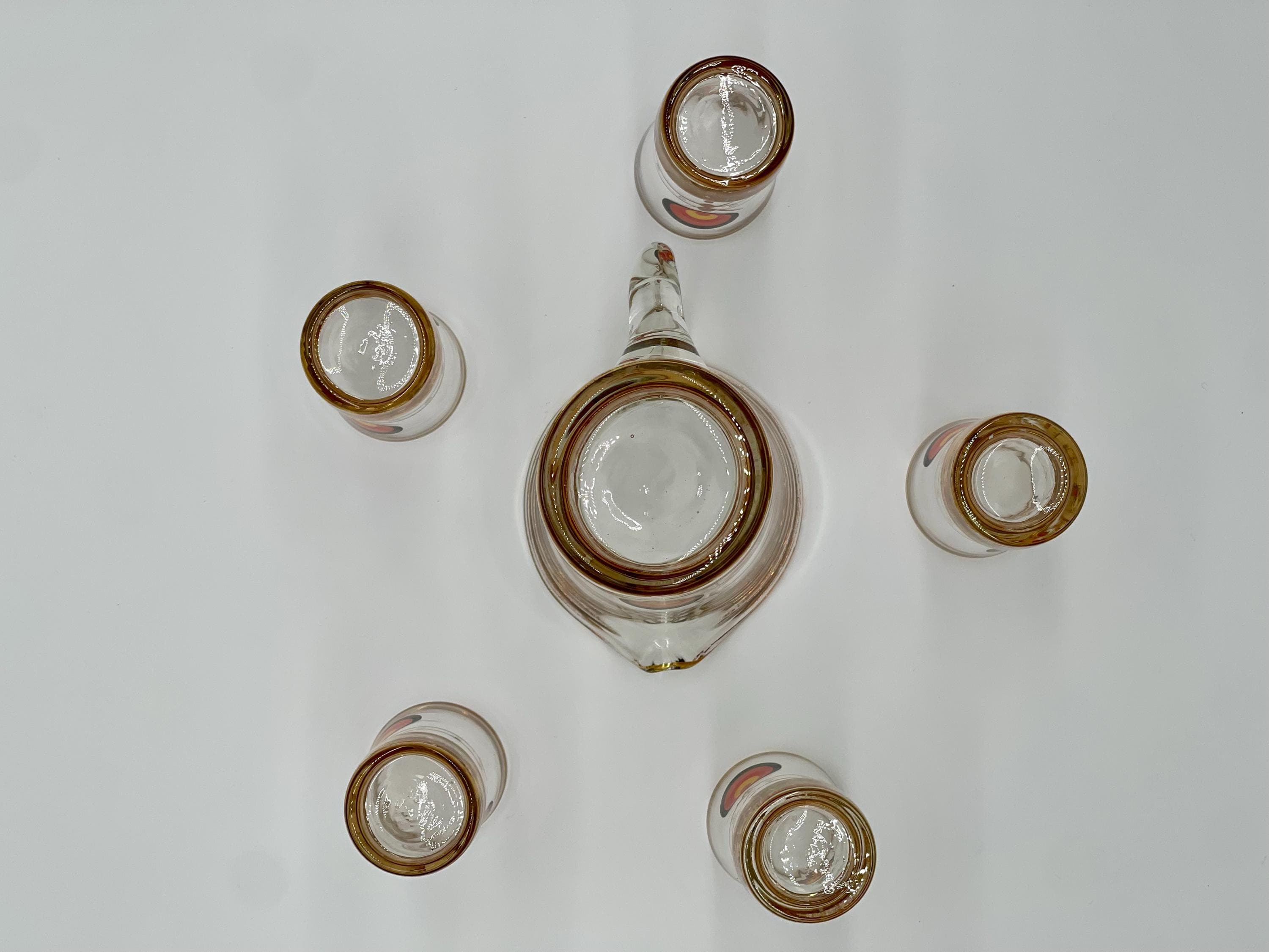 Vintage MCM Cocktail Set, 1960s Glass Pitcher & 5 Shot Glasses, Gold Base Barware - Thumbnail 10