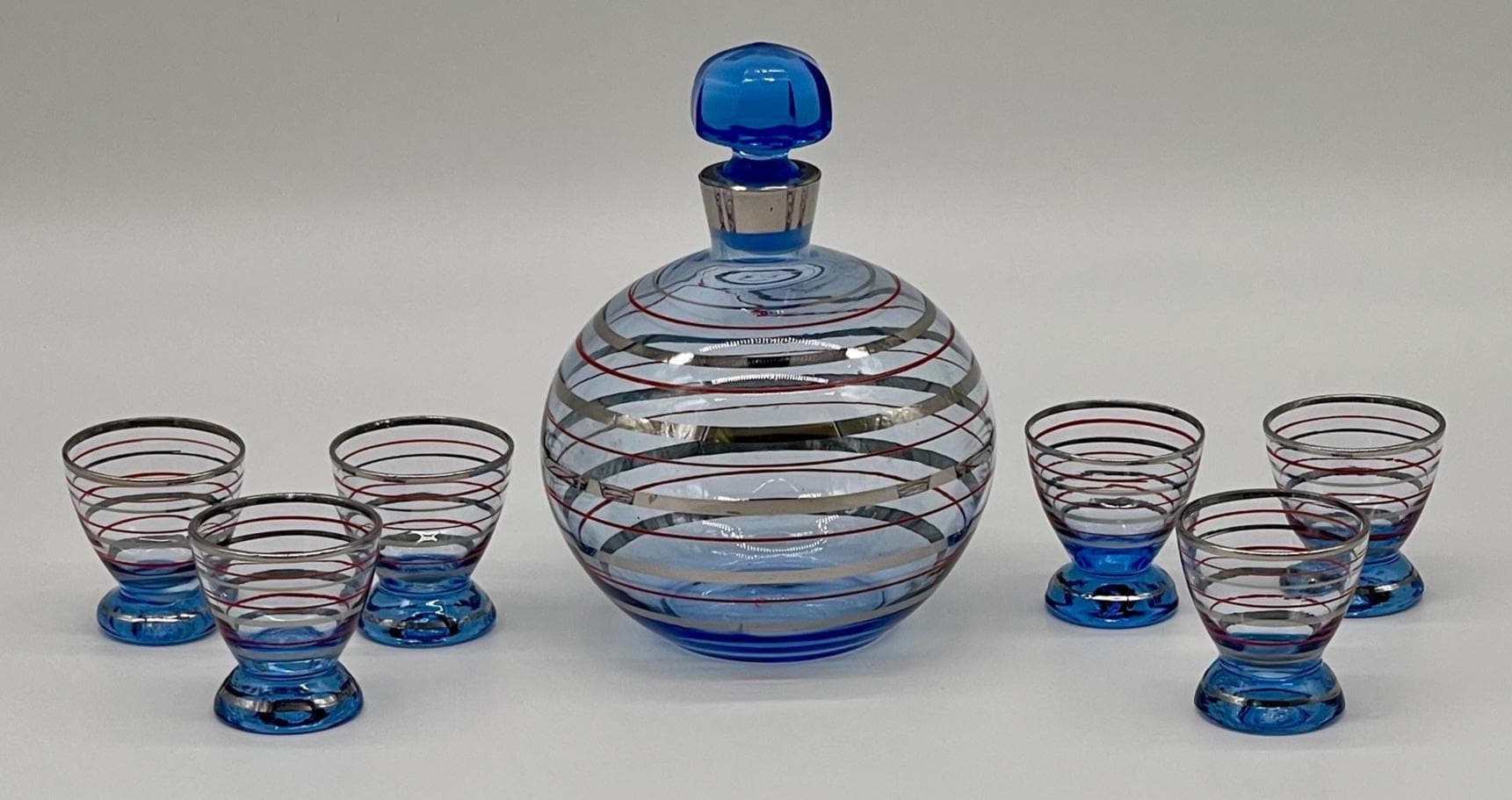 Vintage Bohemian Blue Liqueur Set, Silver Red Banded Decanter, 6 Shot Glasses - Thumbnail 4