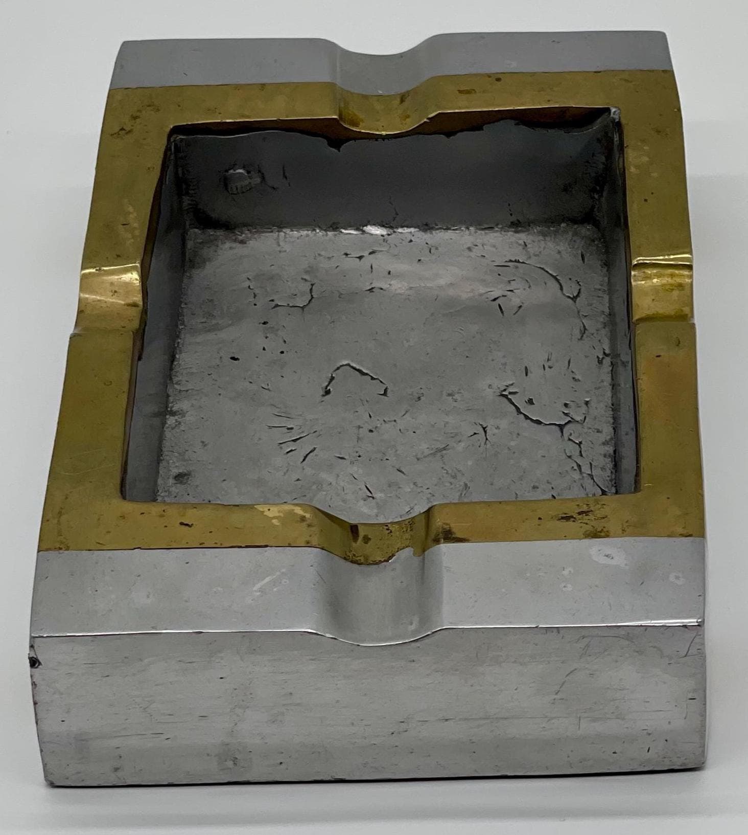 David Marshall Signed Solid Aluminum & Brass XL Ashtray, 1980s Spanish Brutalist Executive Decor - Thumbnail 6