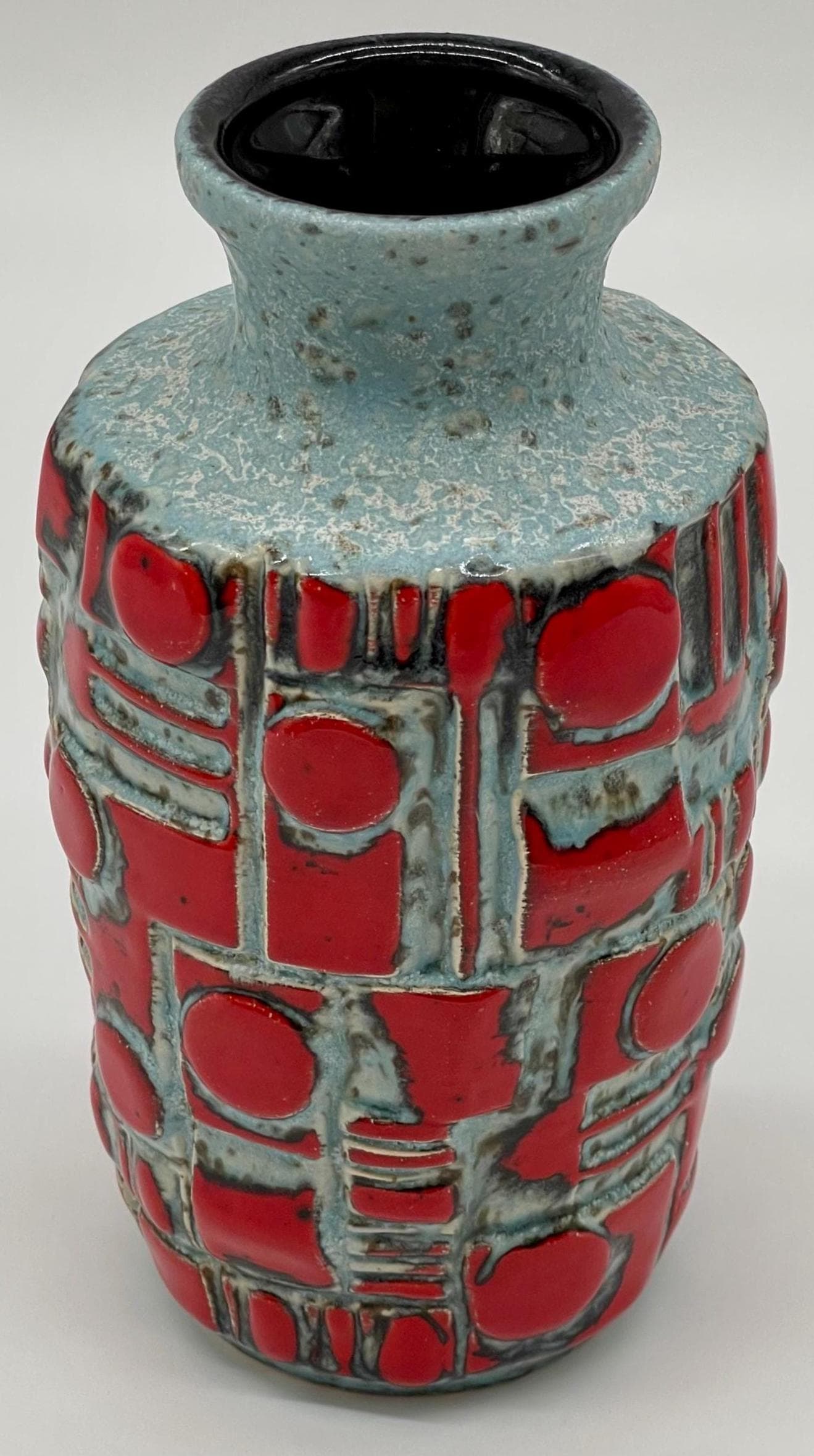 Vintage West German Relief Vase, 1960s Fat Lava Red Blue Pottery - Thumbnail 8