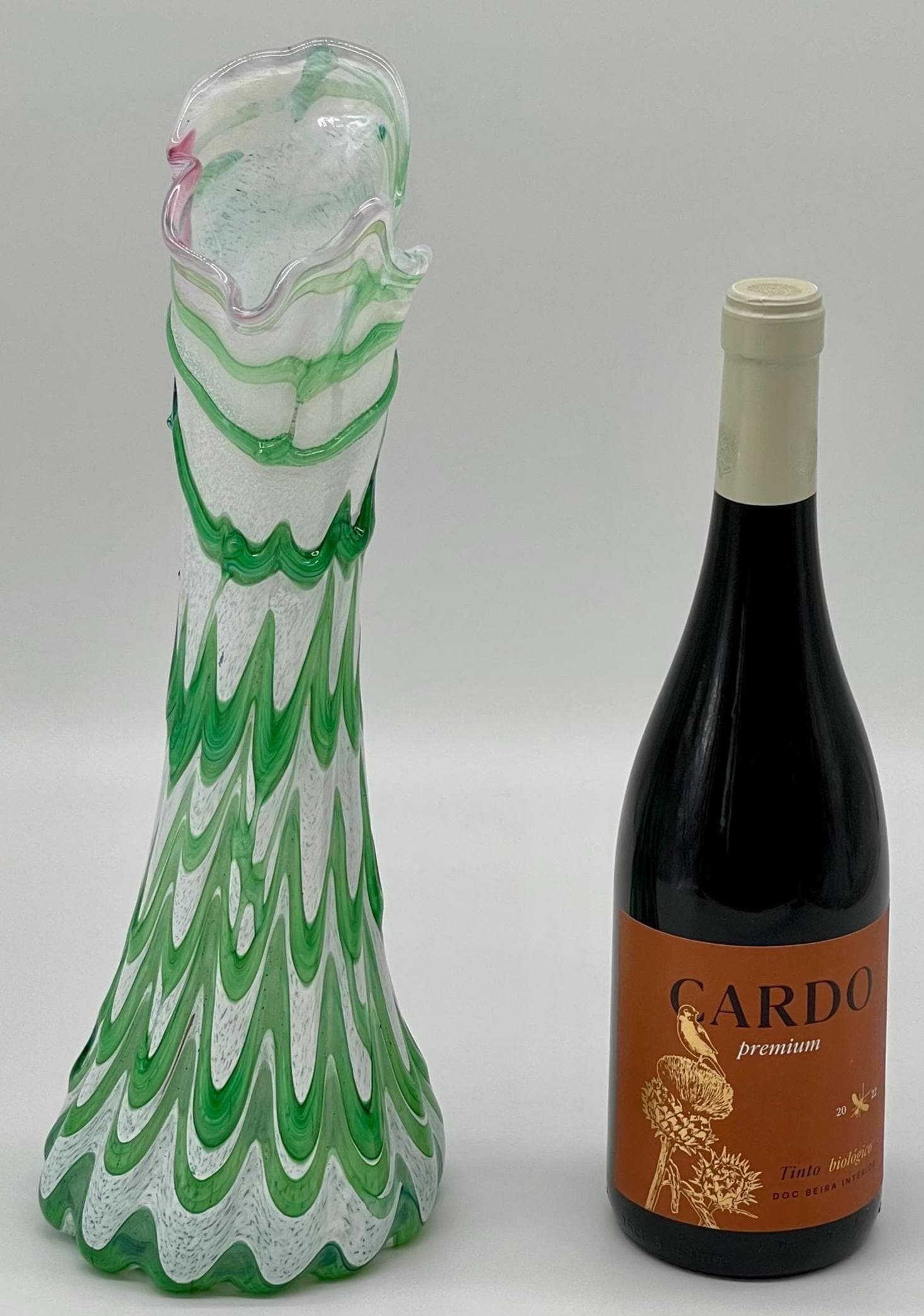 Vintage Murano Fenicio Glass Vase, Green White Pulled Feather Jack-in-the-Pulpit - Thumbnail 2