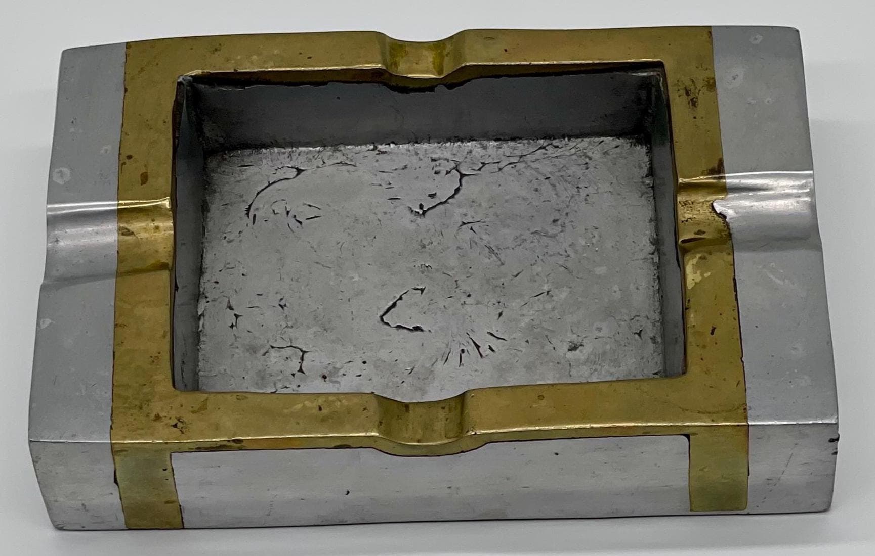 David Marshall Signed Solid Aluminum & Brass XL Ashtray, 1980s Spanish Brutalist Executive Decor - Thumbnail 4