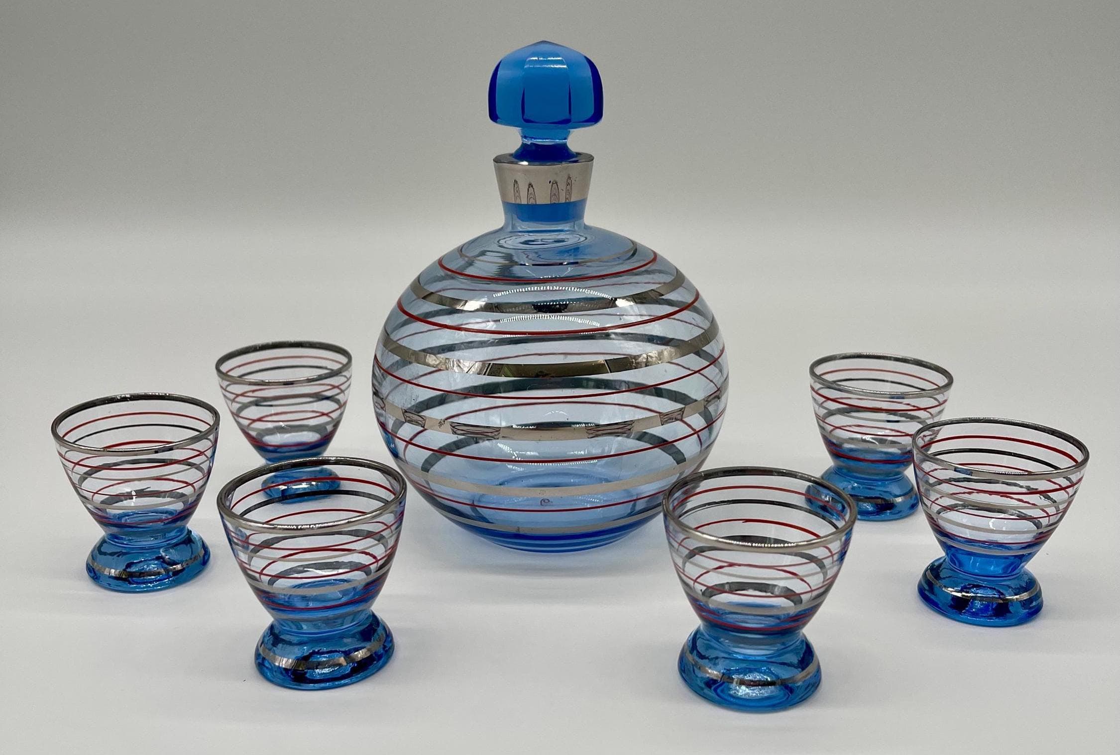Vintage Bohemian Blue Liqueur Set, Silver Red Banded Decanter, 6 Shot Glasses - Thumbnail 2