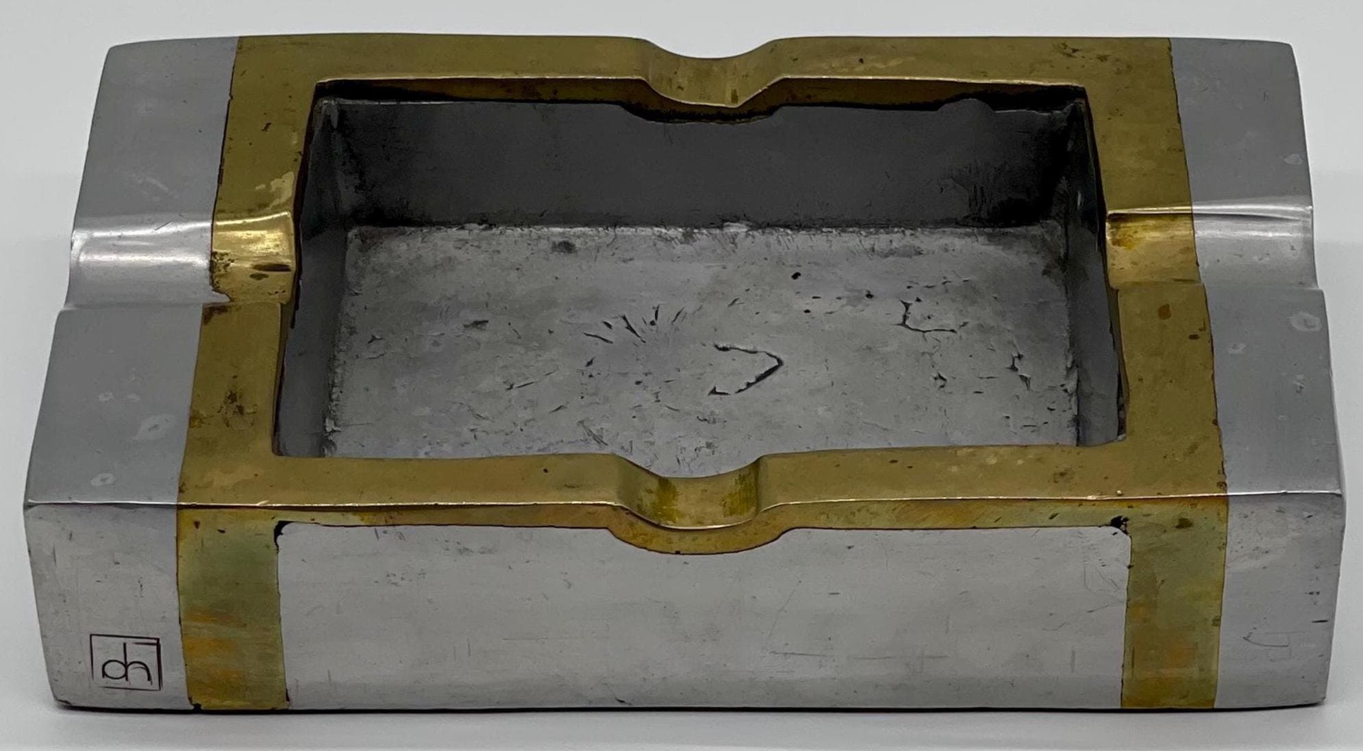 David Marshall Signed Solid Aluminum & Brass XL Ashtray, 1980s Spanish Brutalist Executive Decor - Thumbnail 7
