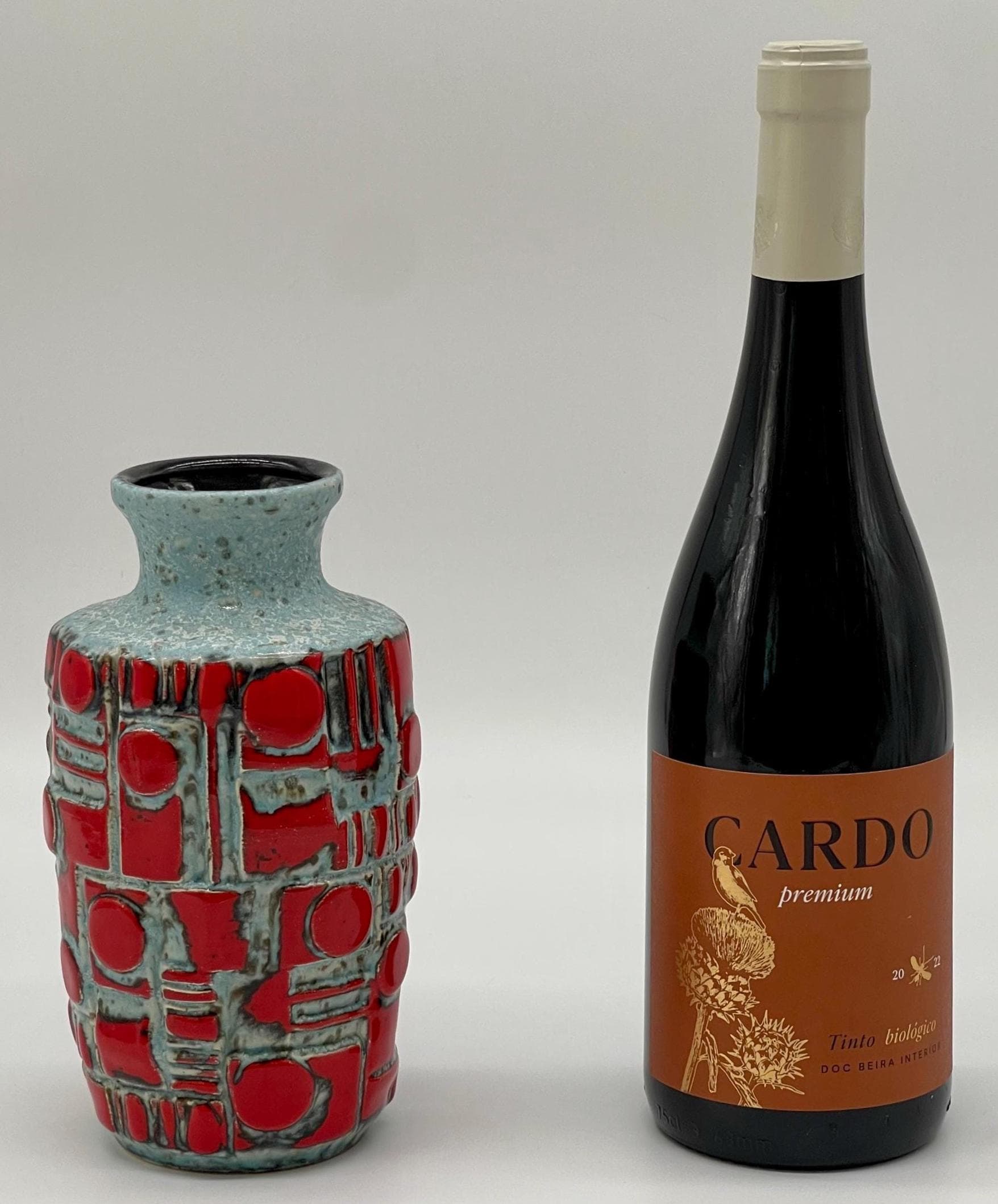 Vintage West German Relief Vase, 1960s Fat Lava Red Blue Pottery - Thumbnail 2