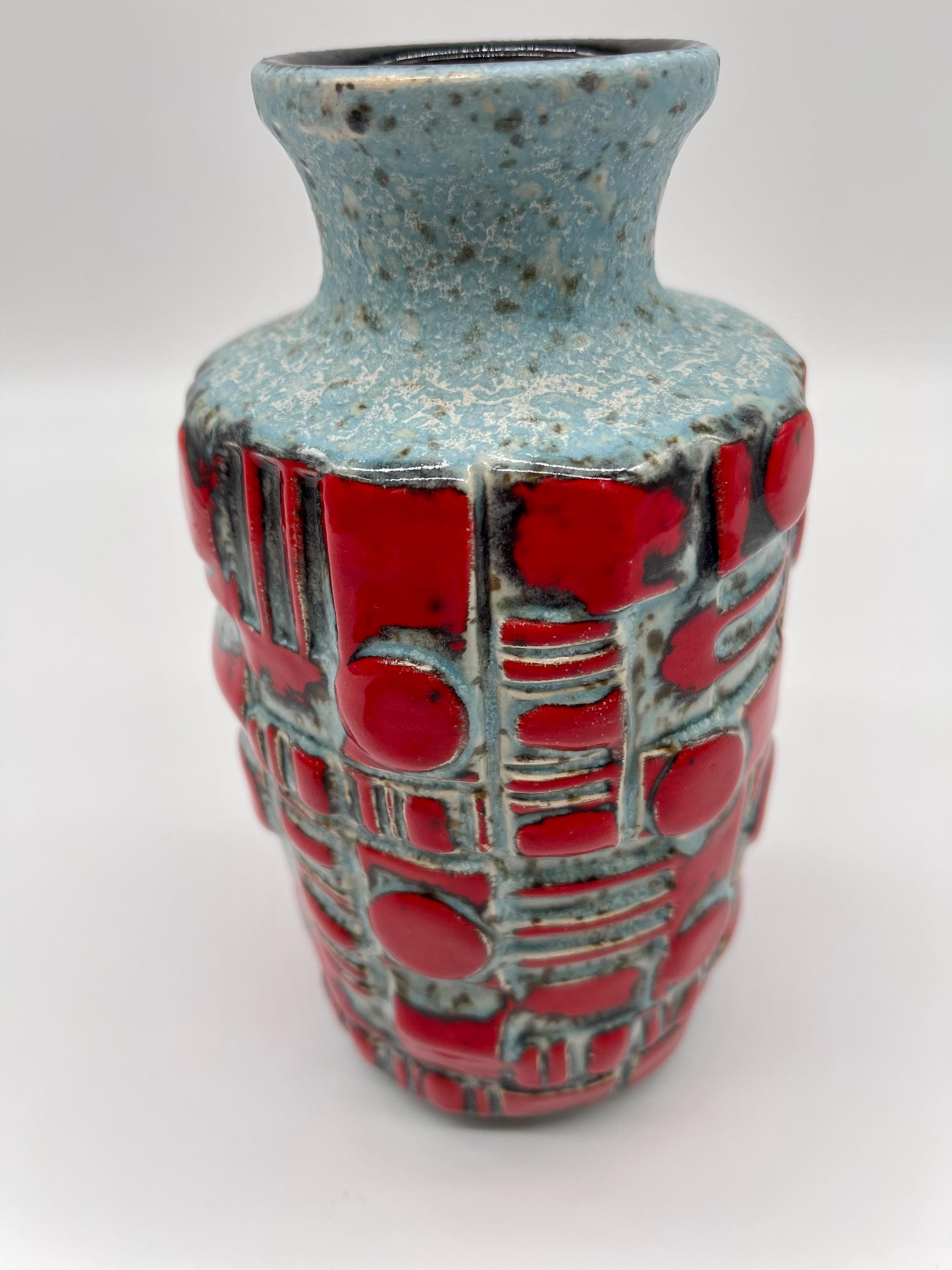 Vintage West German Relief Vase, 1960s Fat Lava Red Blue Pottery - Thumbnail 9