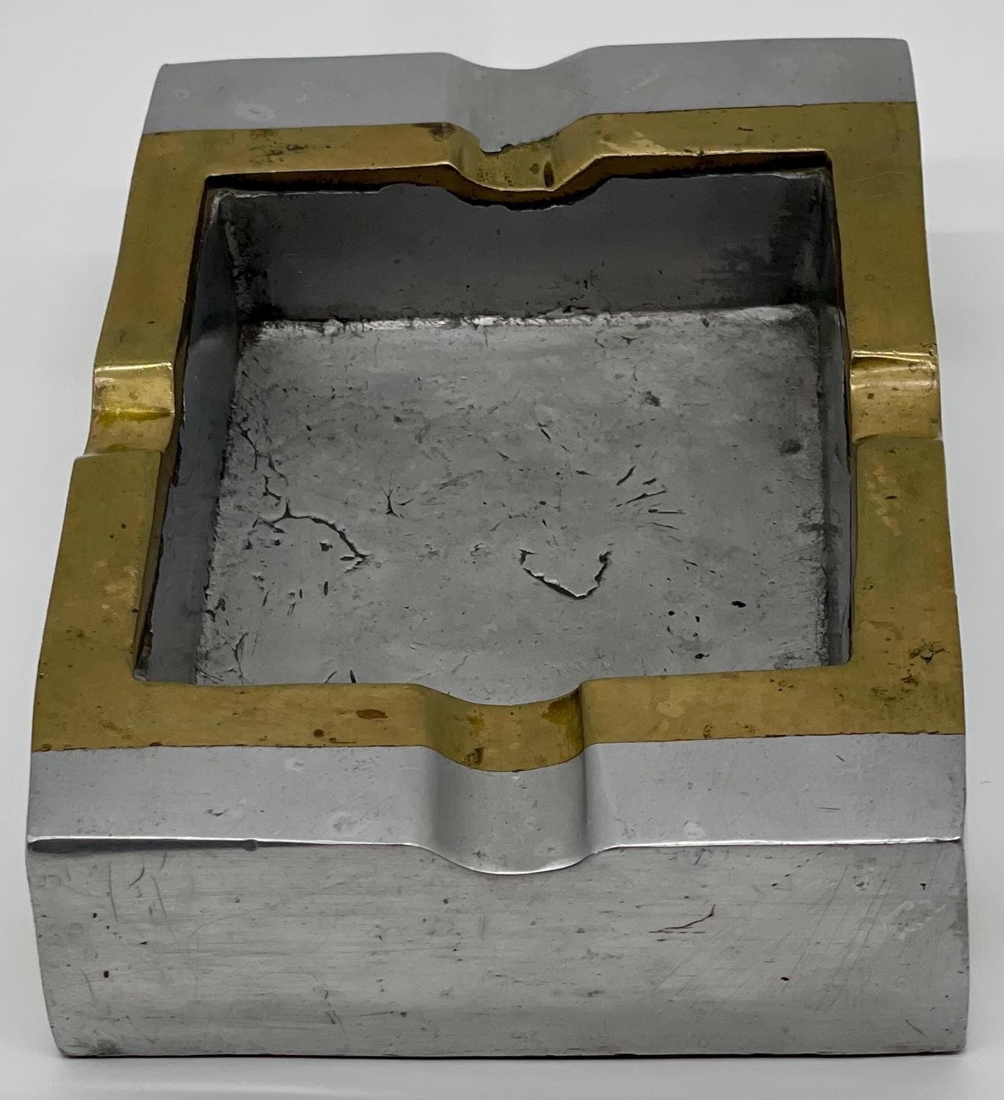 David Marshall Signed Solid Aluminum & Brass XL Ashtray, 1980s Spanish Brutalist Executive Decor - Thumbnail 8