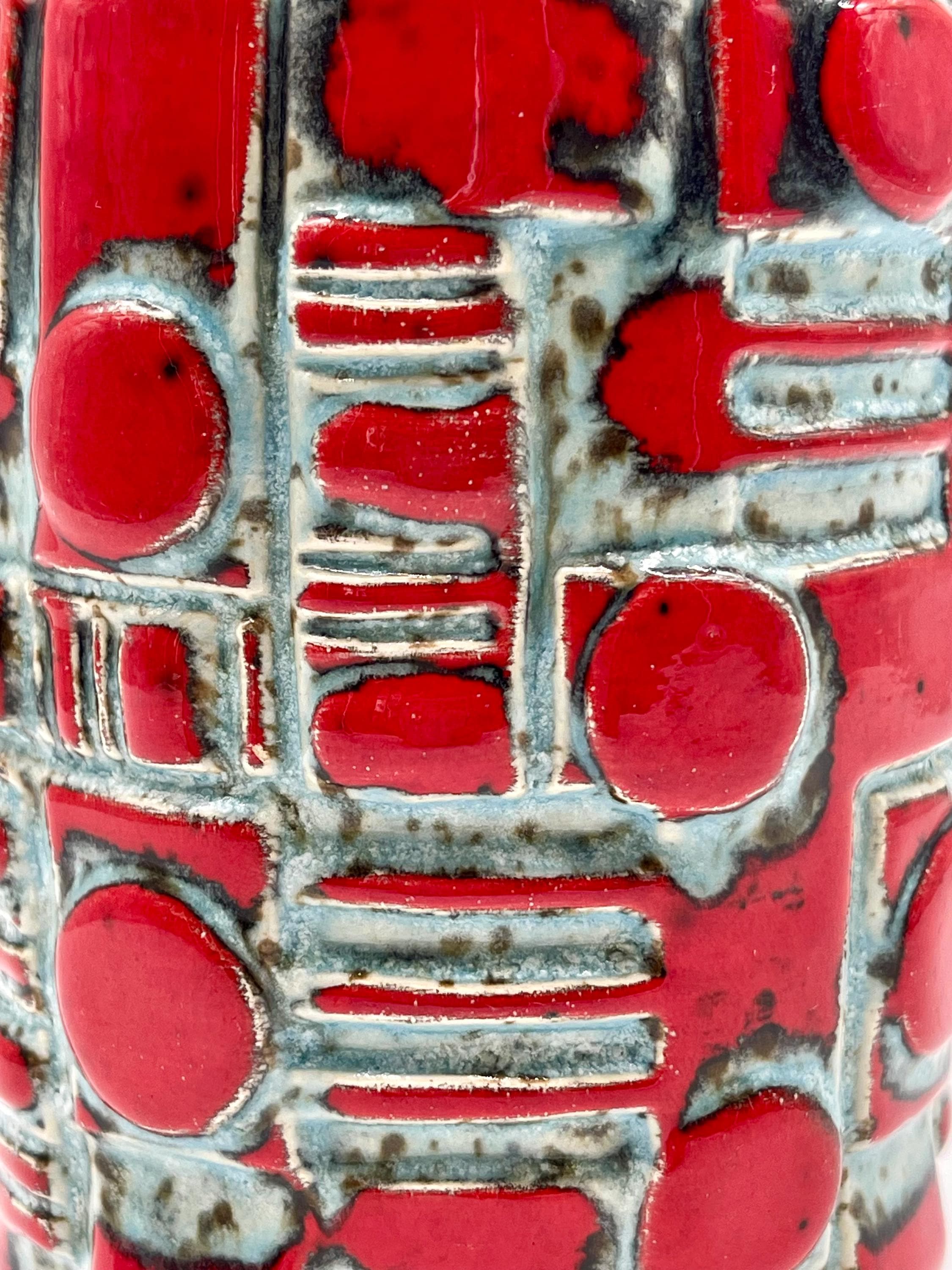 Vintage West German Relief Vase, 1960s Fat Lava Red Blue Pottery - Thumbnail 4
