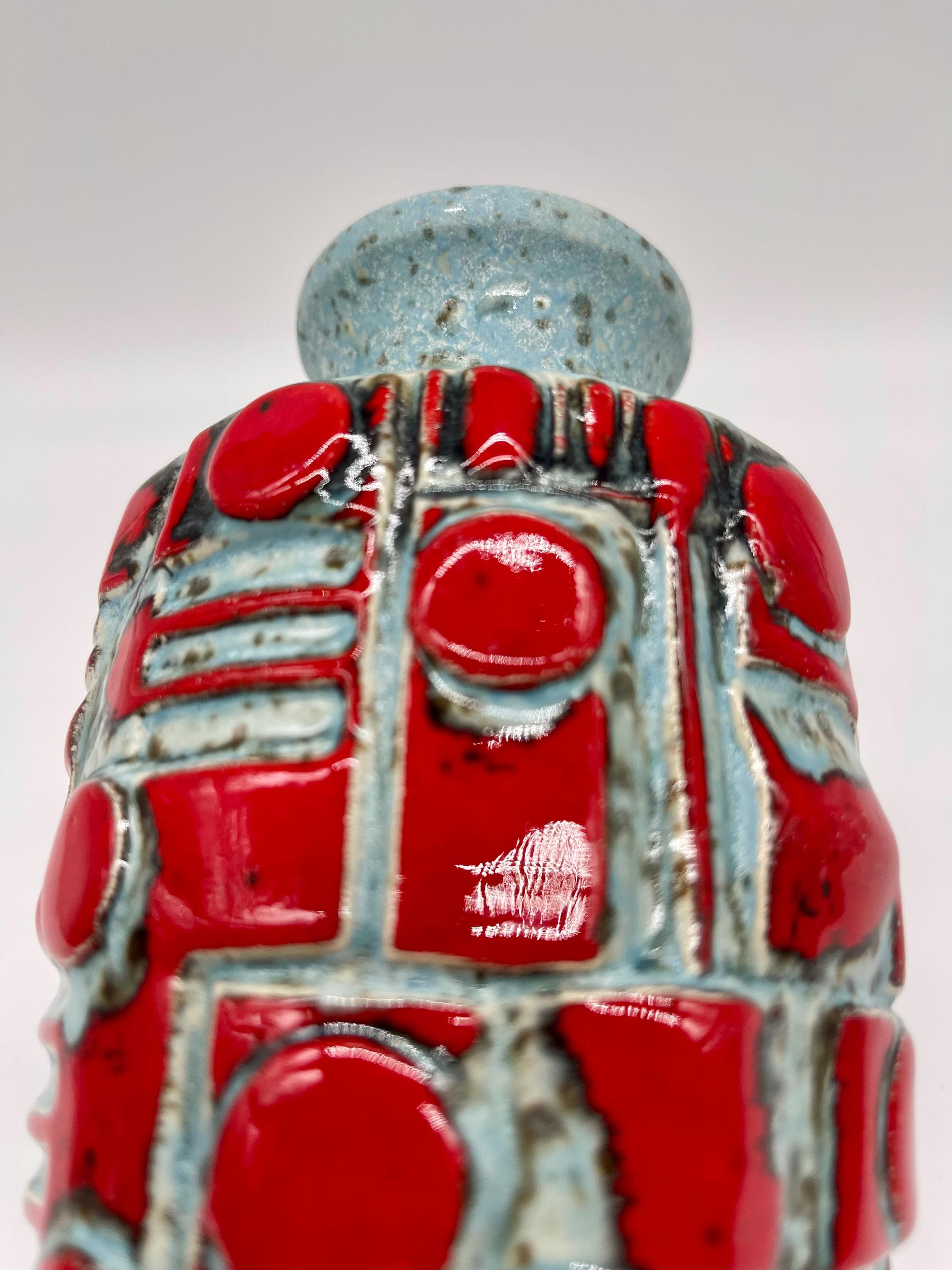 Vintage West German Relief Vase, 1960s Fat Lava Red Blue Pottery - Thumbnail 10